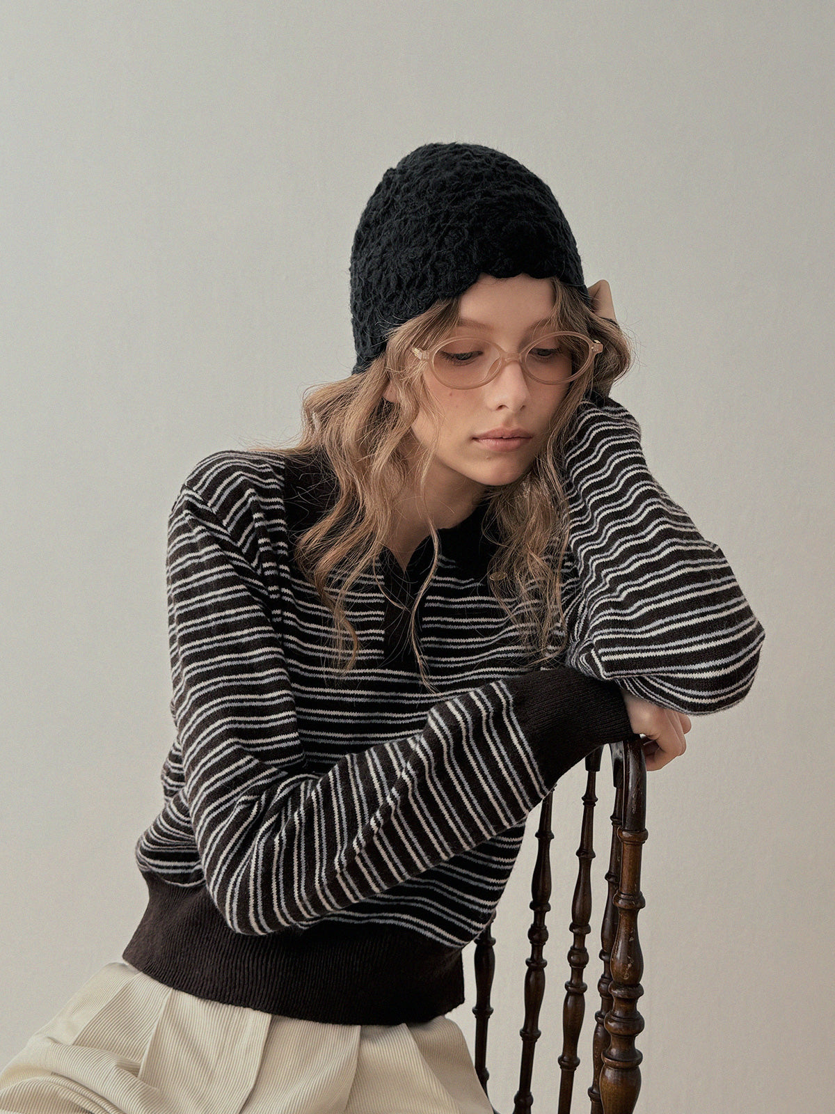 [TWEE] Stun Stripe Collar Long Sleeve Knit