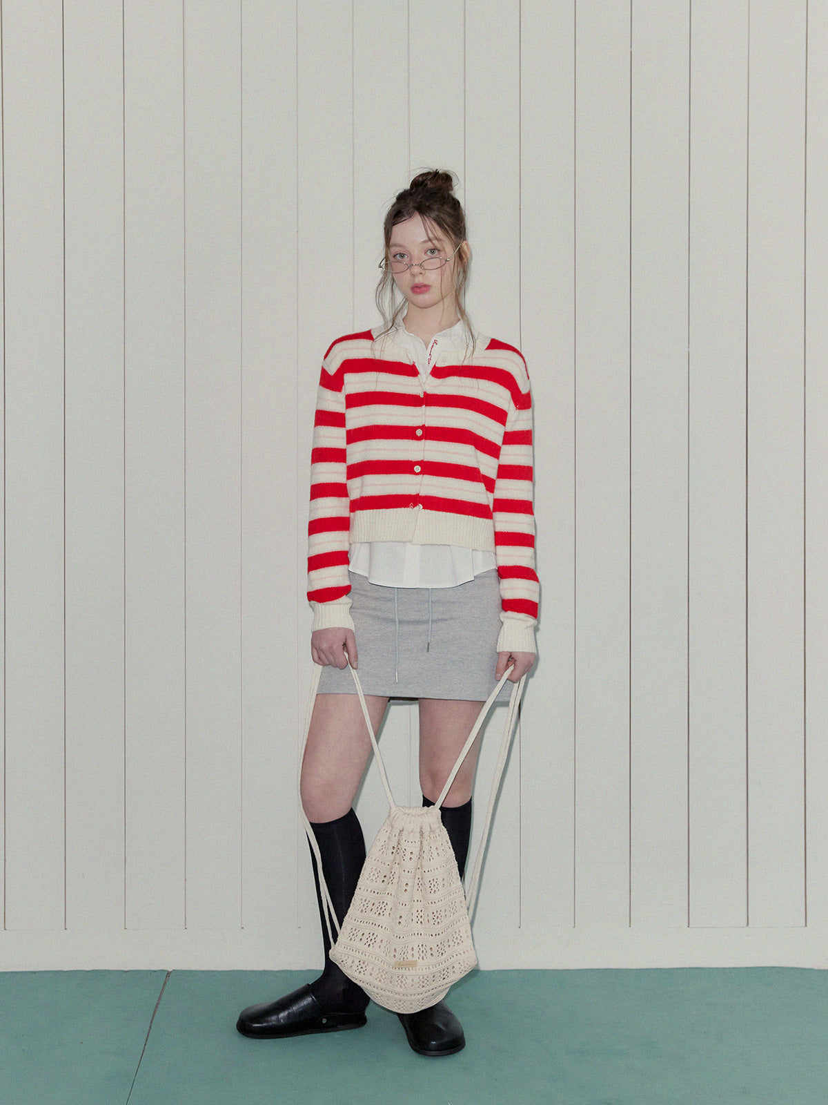 [TWEE] Mohenn ストライプ配色 クロップドニットカーディガン