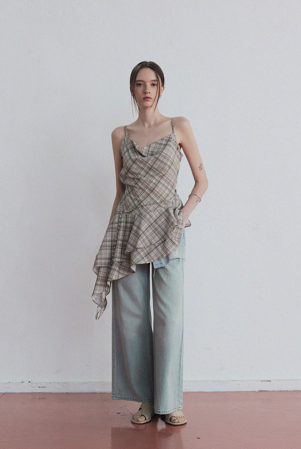 ● TWEE ● GROWHIDE Tuck Shirring Check Asymmetrical Dress Tup shirring check asymmetrical dress
