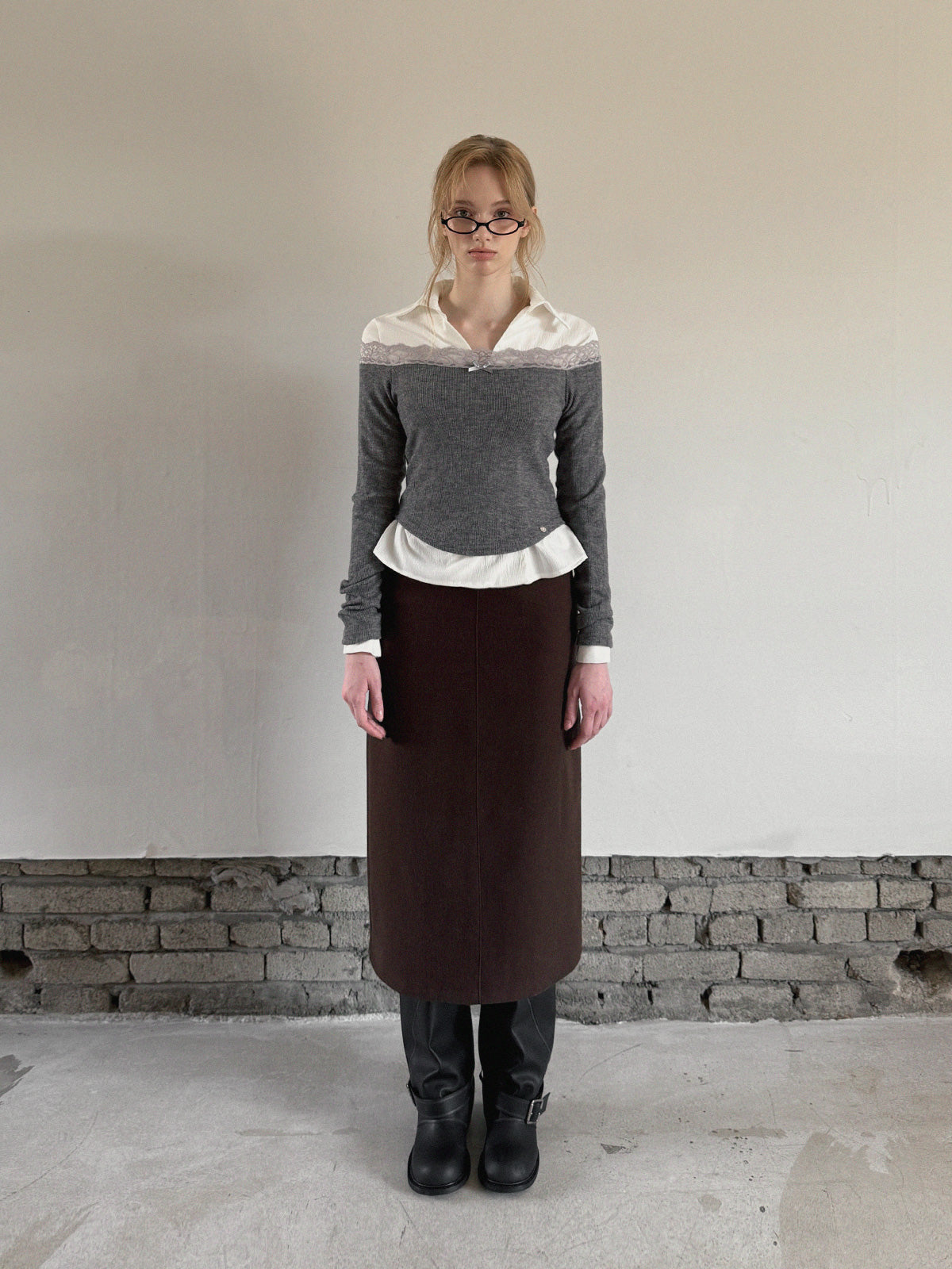 [TWEE] Nize Spitzen-Lochmuster Off-Shoulder Langarmshirt