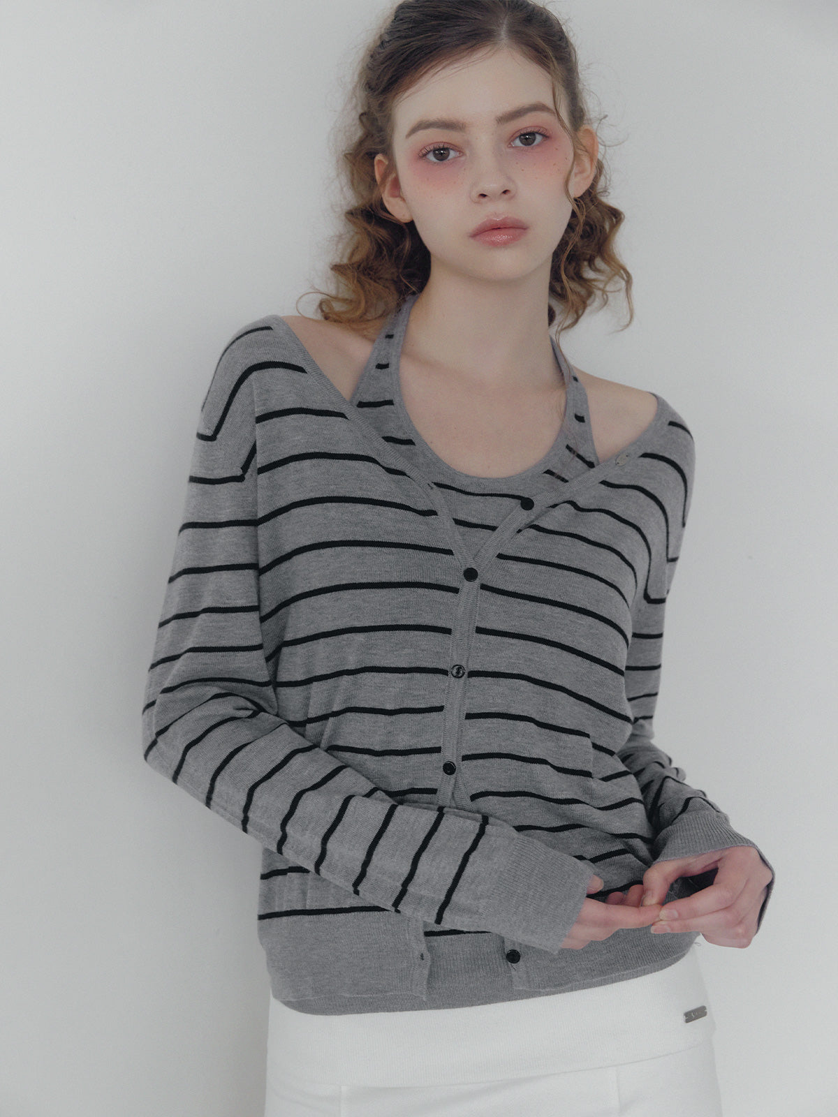 [TWEE] Deepti stripe halter layered long sleeve knit
