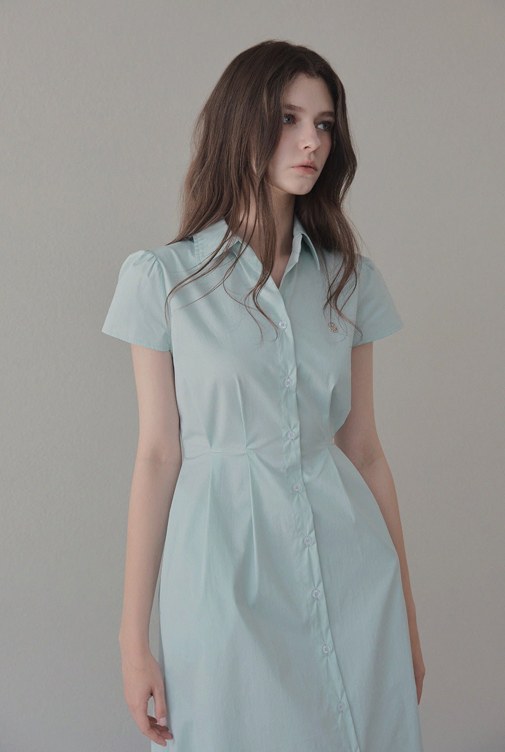 [TWEE] Dvil Open Collar Pintuck Long Dress
