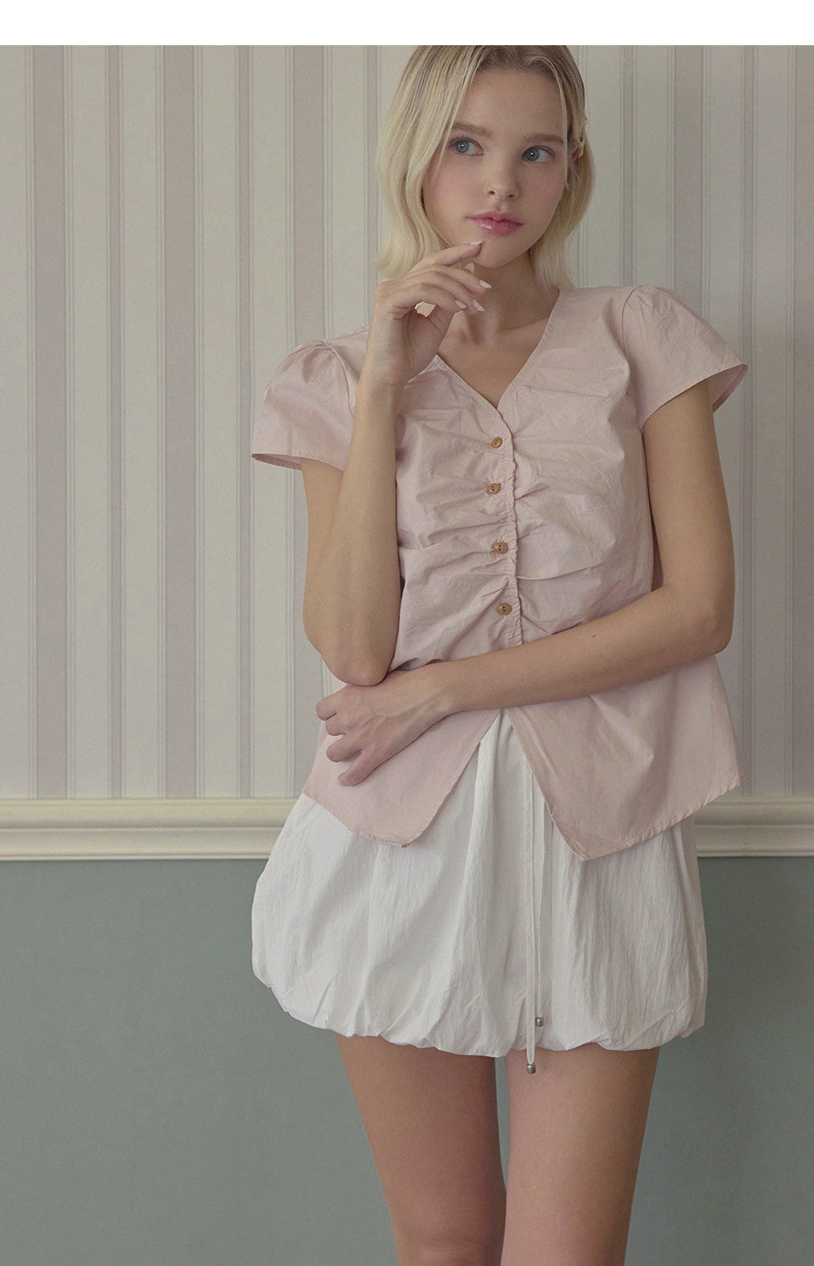 [TWEE] Witty Button Shirring Blouse