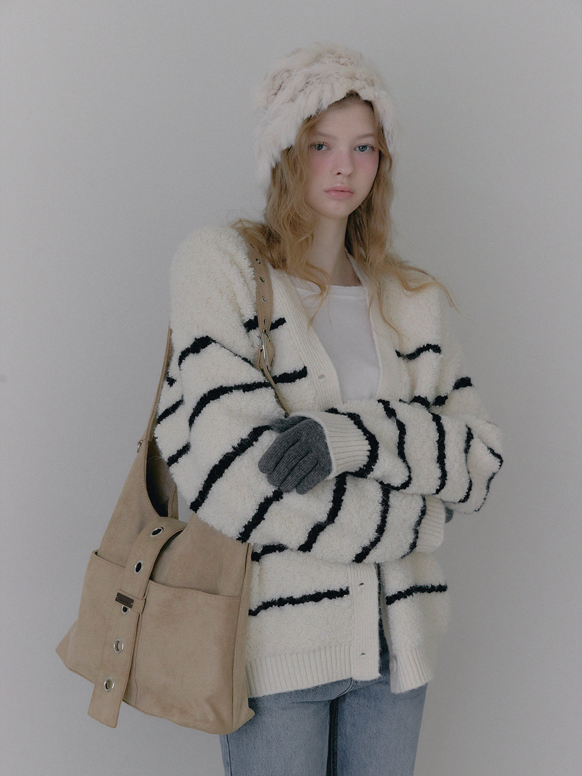 [TWEE] Cardigan Oversize a V con Bouclé a Righe Dent