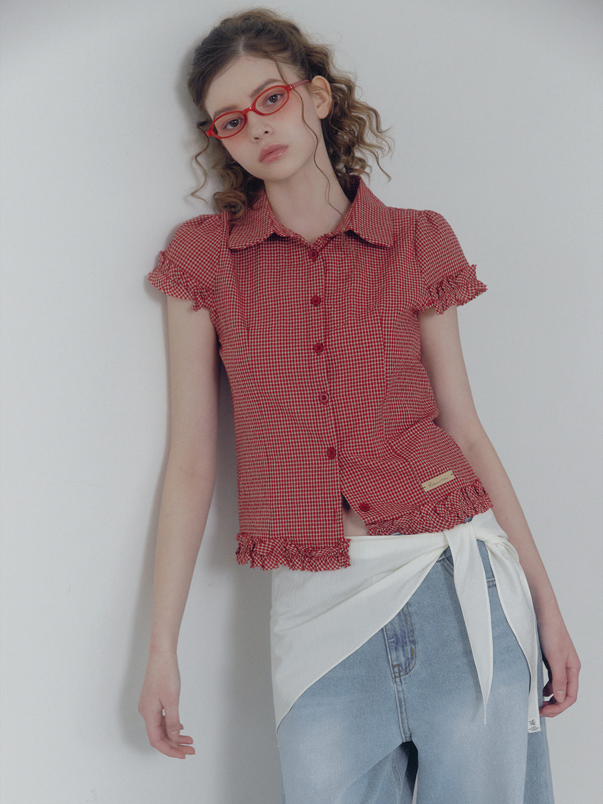 [TWEE] Roel check frill short sleeve blouse