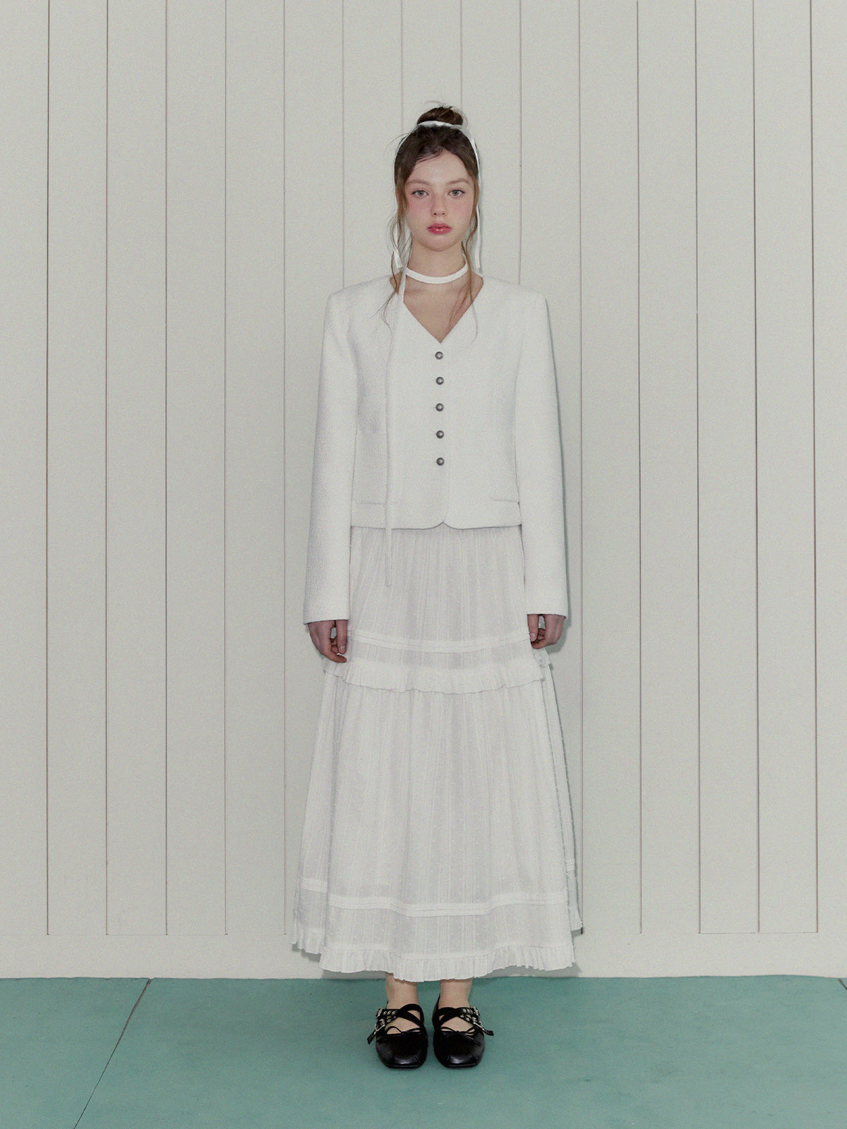 [TWEE] ROAN Tweed V-Neck Single-Button Jacket (Strap Set)