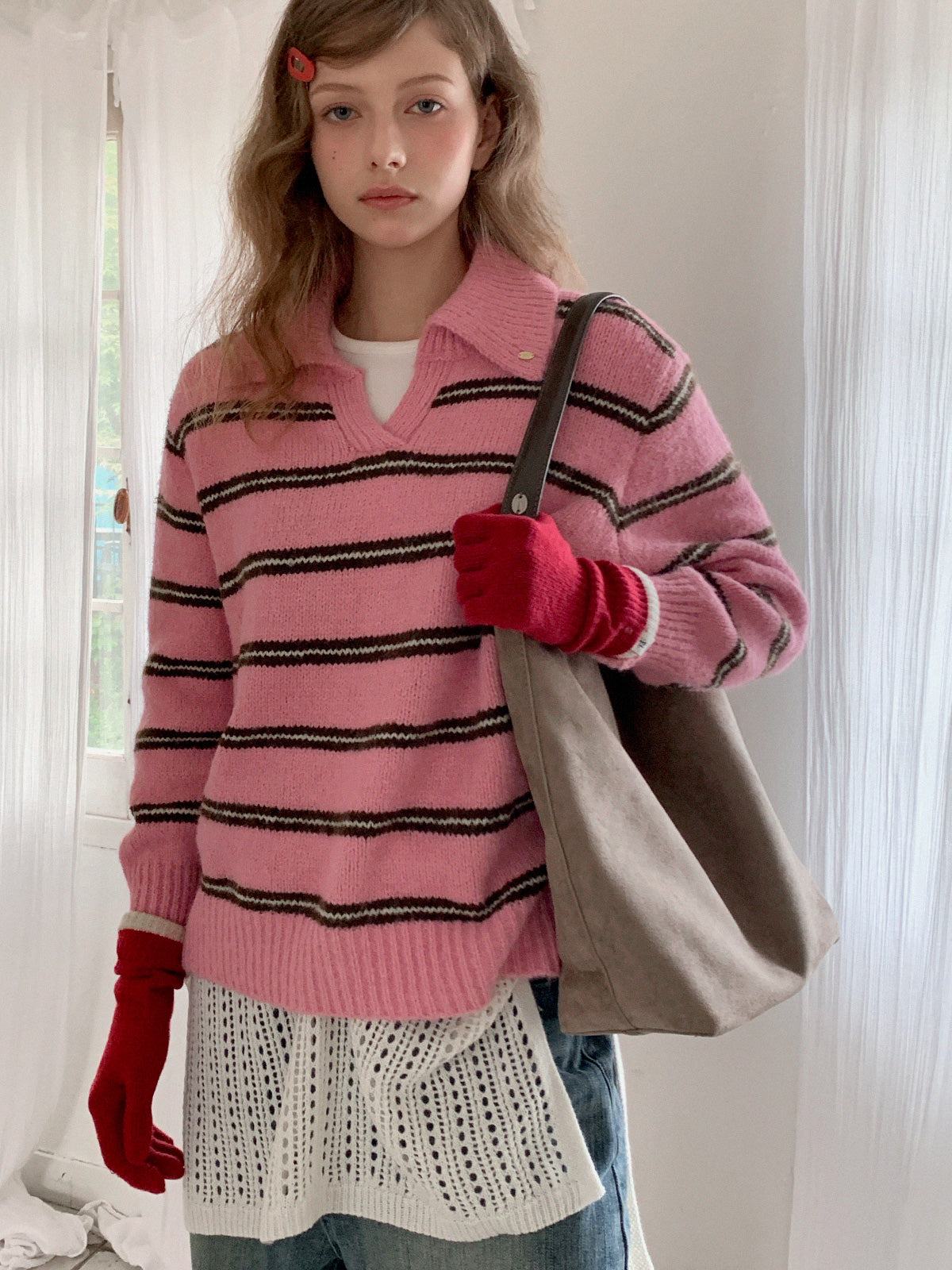 [TWEE] Lemoon Cổ Áo Sọc Dệt Kim Form Rộng