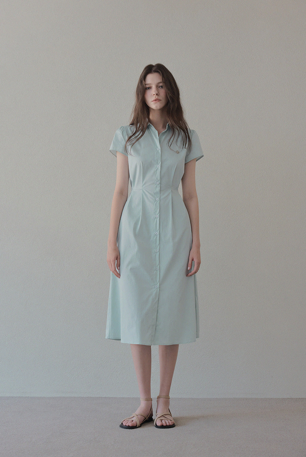 [TWEE] Dvil Open Collar Pintuck Long Dress