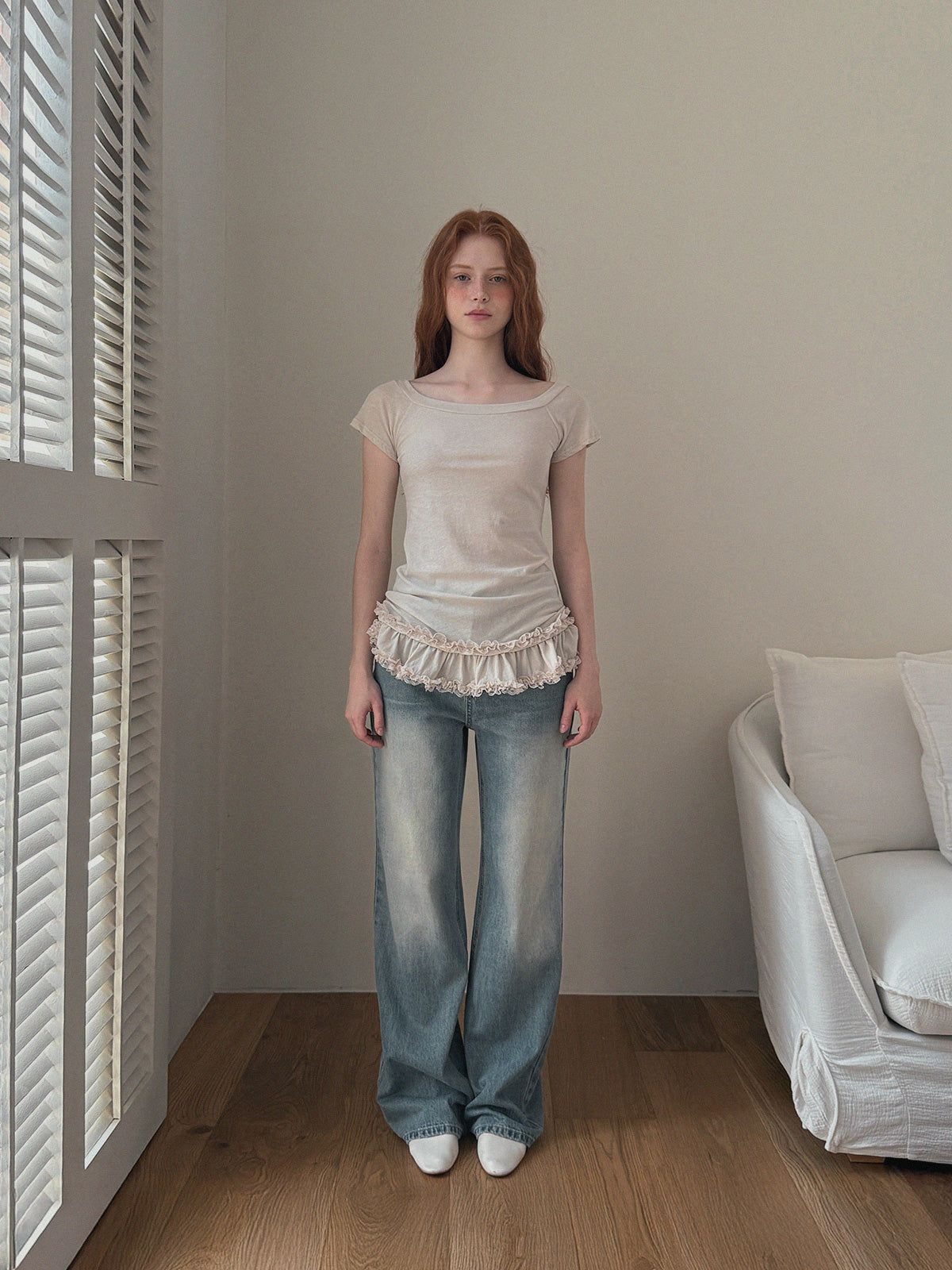 [TWEE] Beige Frill Off-Shoulder Short Sleeve Tee