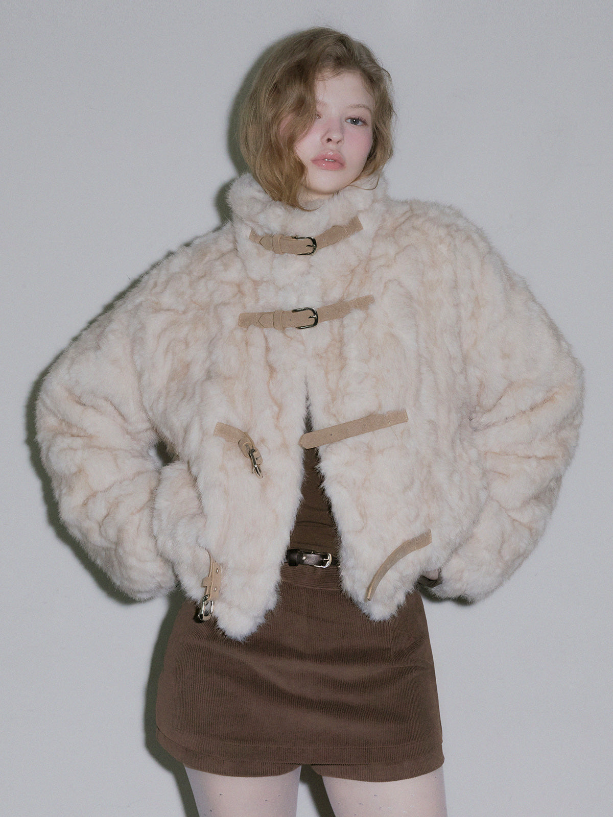 [TWEE] Litto fur shirring off-shoulder long-sleeve top