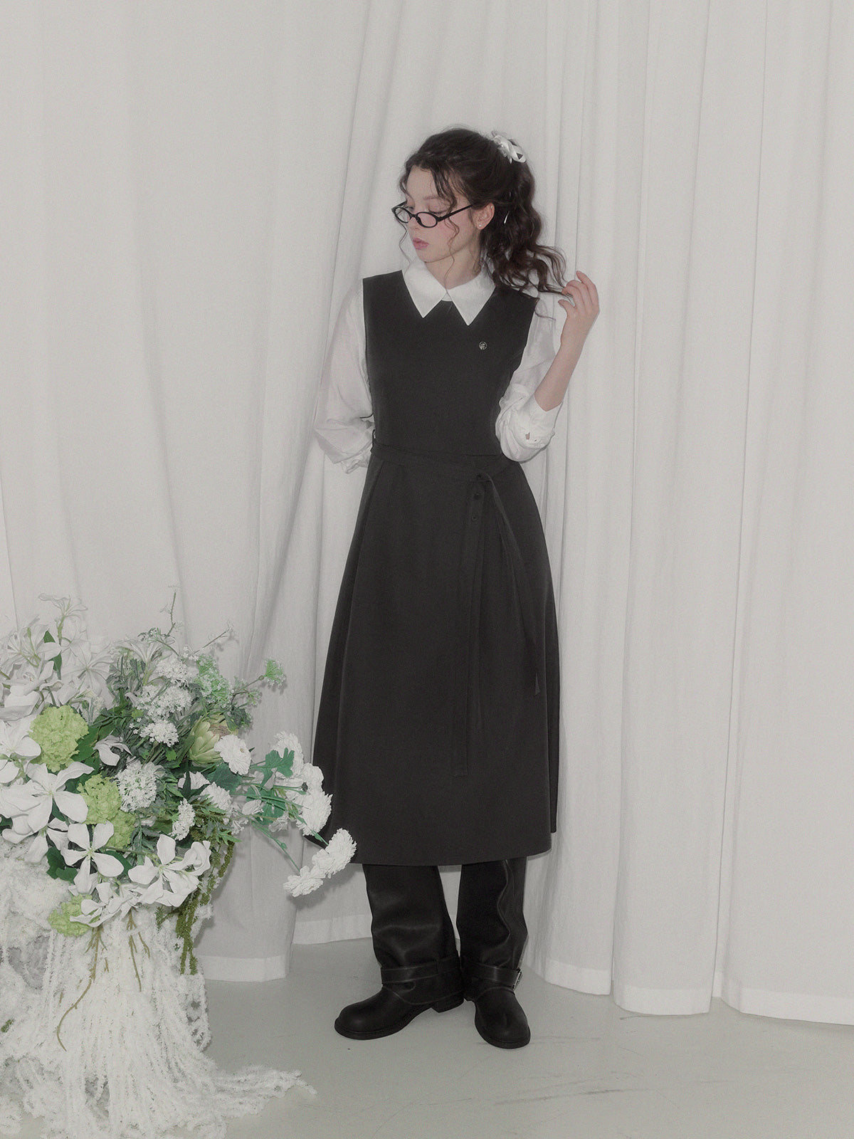 [TWEE] Riven shirt contrast pintuck long dress (strap set)