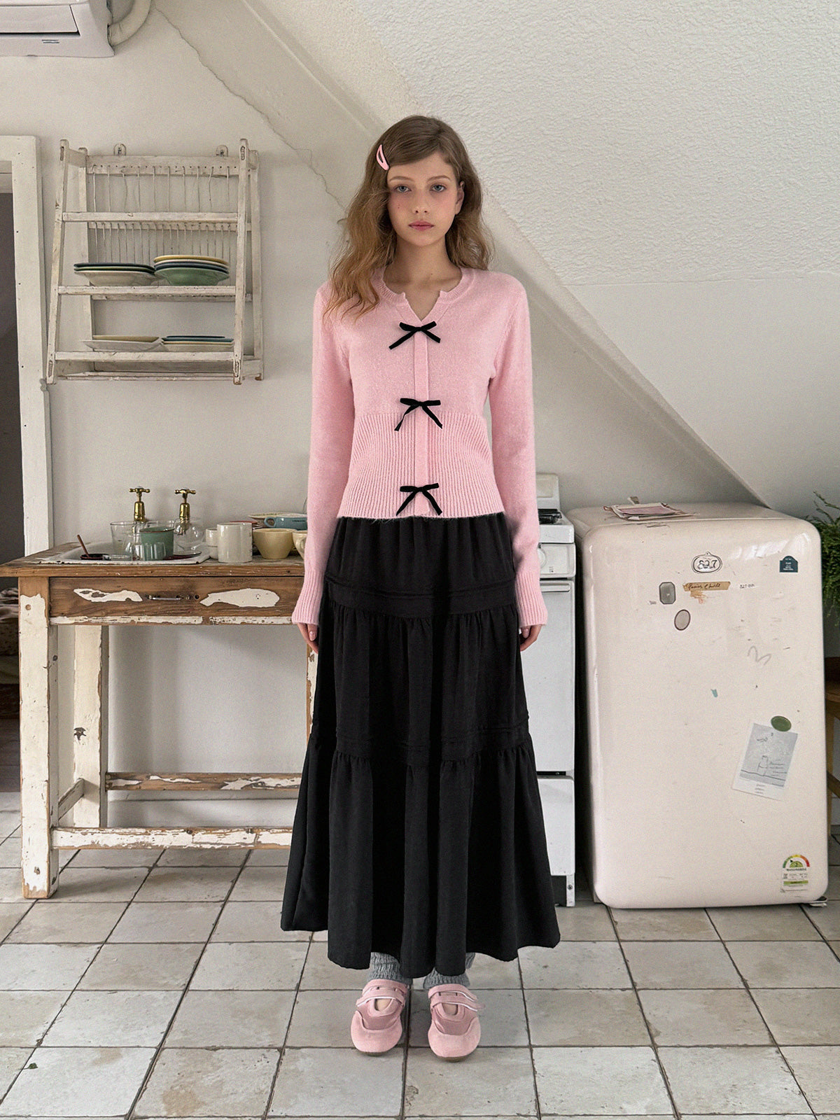 [TWEE] Áo Len Cổ Chữ V Ba Dải Ruy Băng Landon