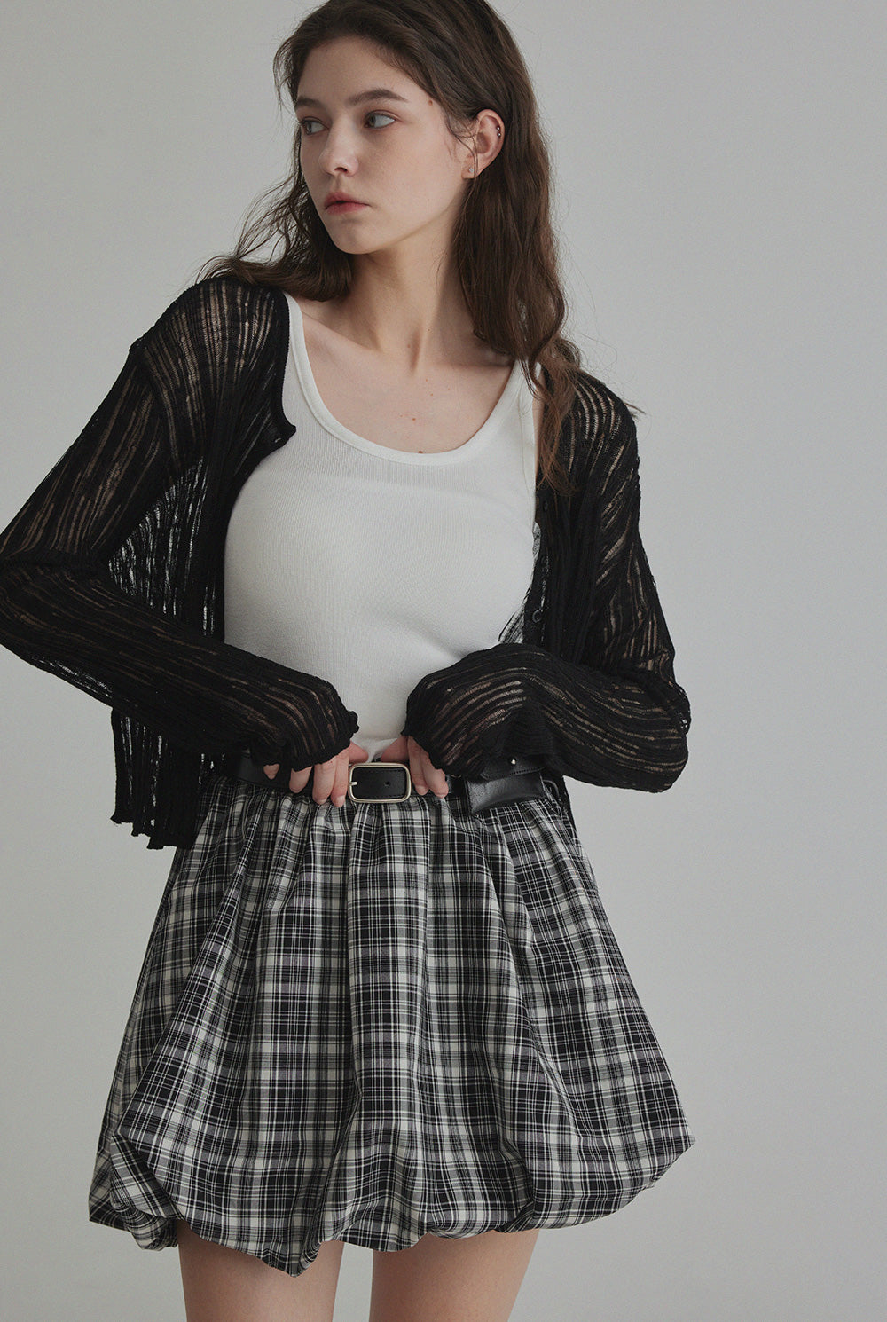[TWEE] Decen Check Kontrast Ärmelloses Kleid