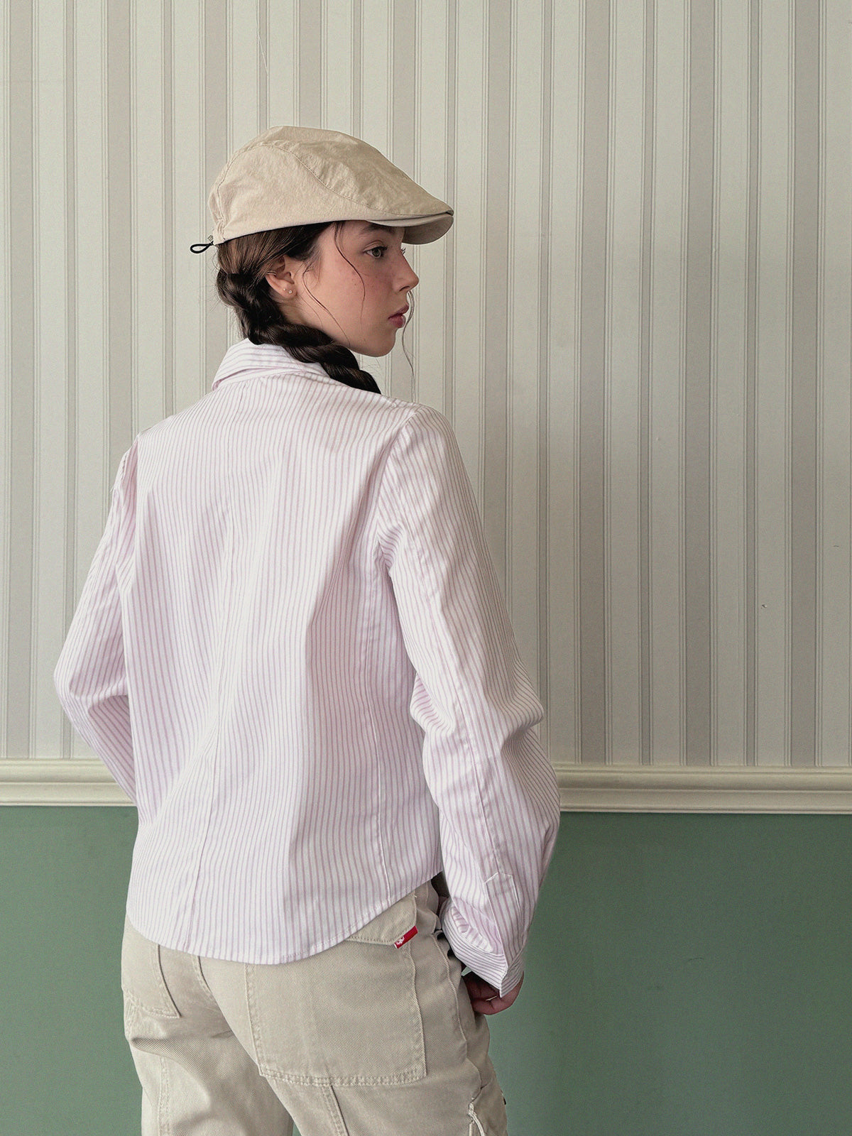 [TWEE] Ronty Stripe Embroidered Pocket Long Sleeve Shirt