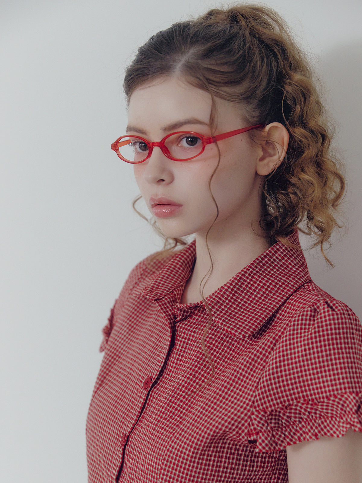 [TWEE] Roel check frill short sleeve blouse