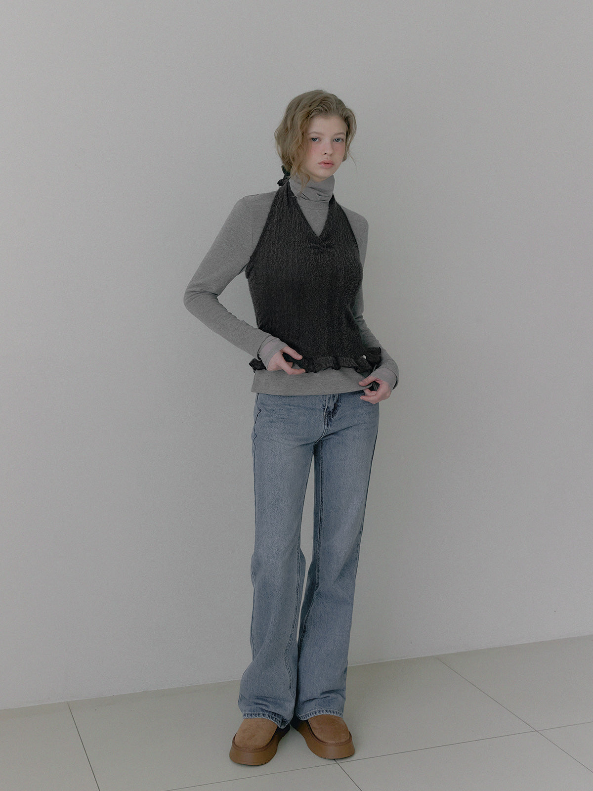 [TWEE] Áo Bustier Dây Yếm Họa Tiết Boucle Có Viền Xếp Ly