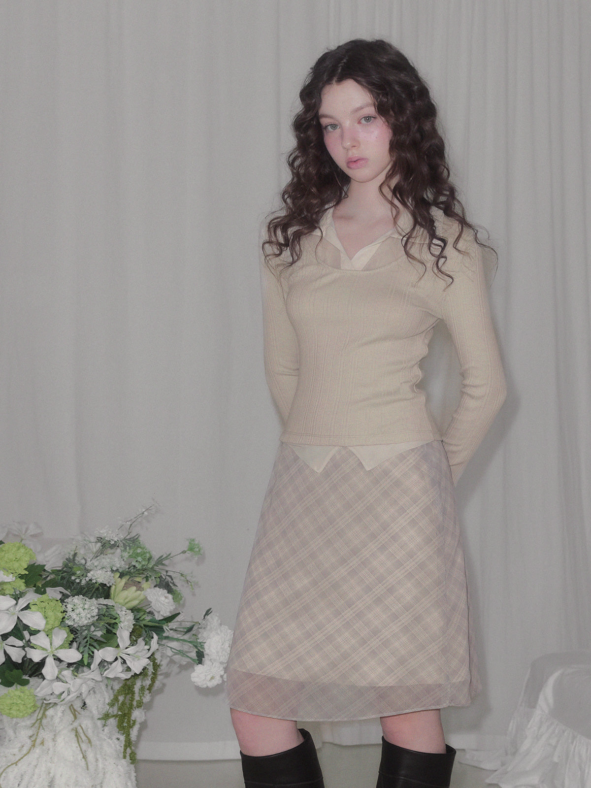 [TWEE] Mush check banding midi skirt