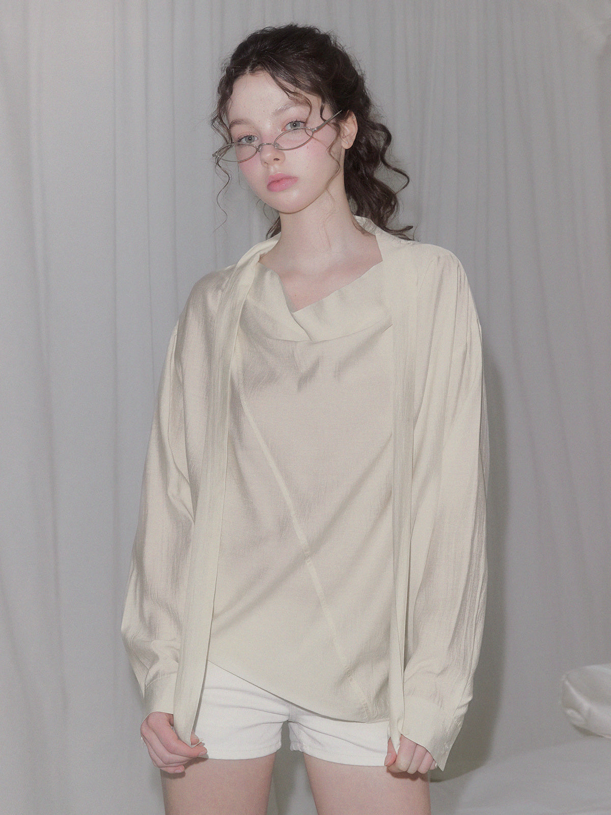 [TWEE] Eton drape strap long sleeve blouse