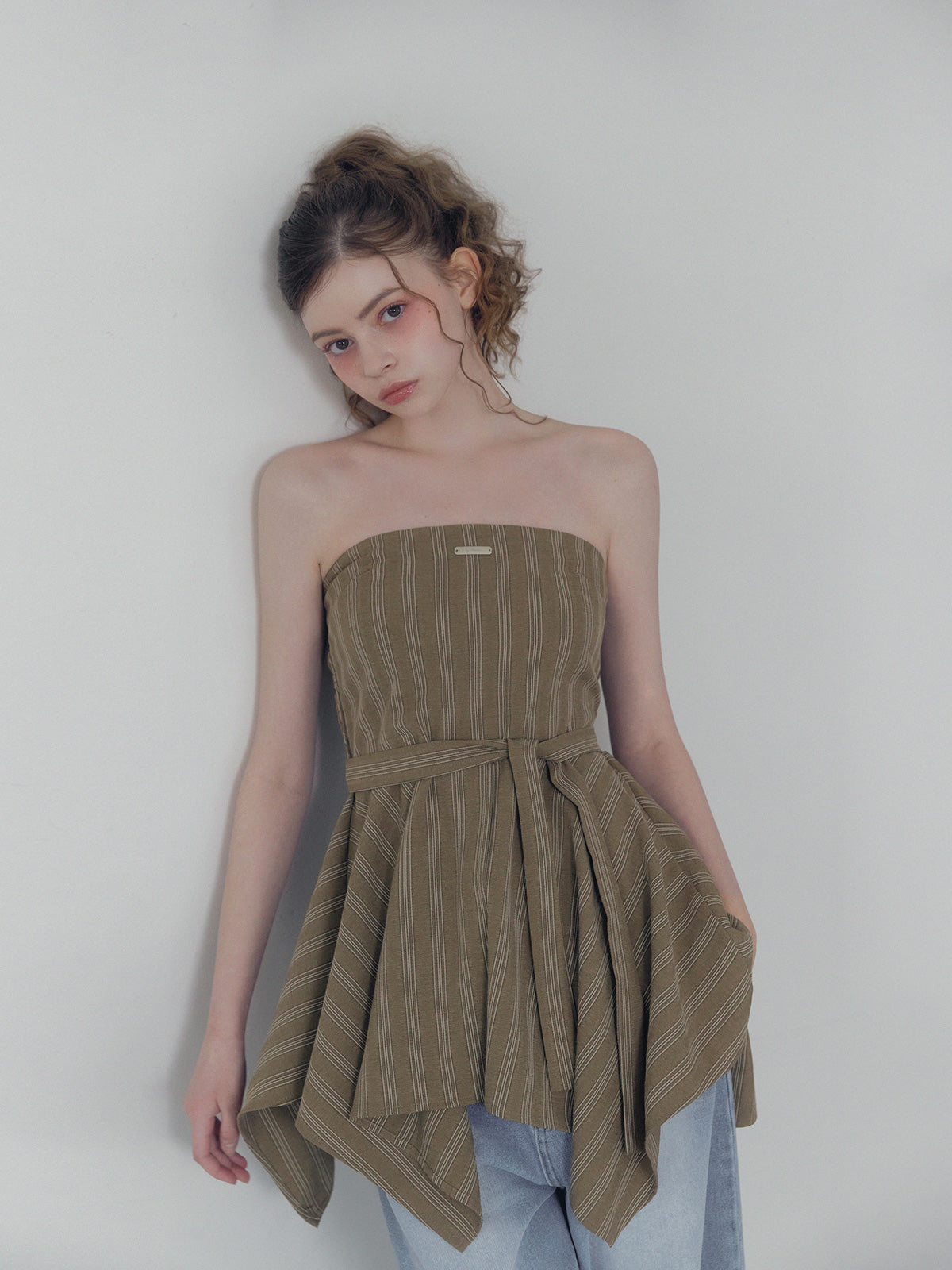 [TWEE] Heichi Stripe Asymmetric Tube Top(Strap Set)