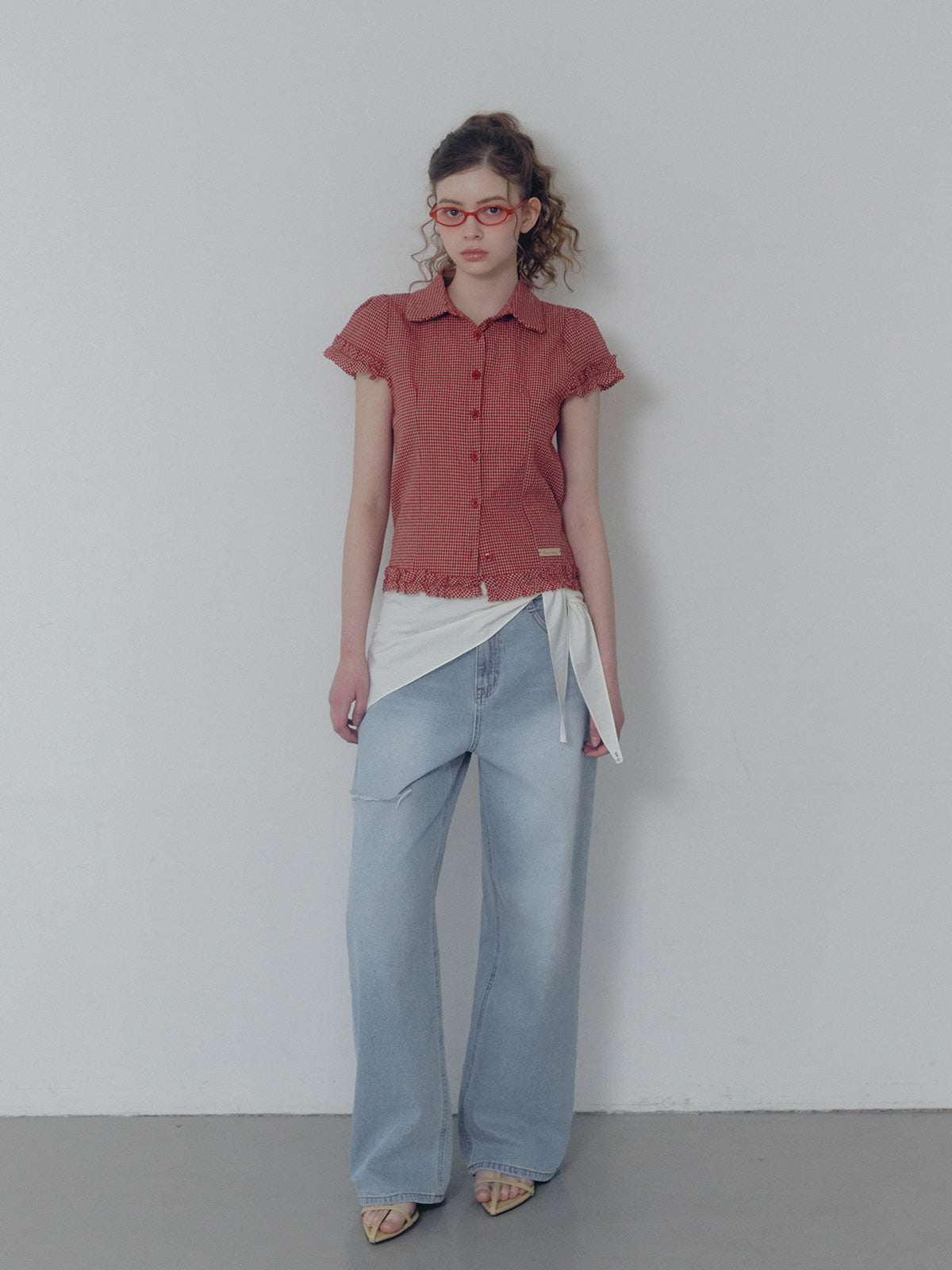 [TWEE] Roel check frill short sleeve blouse