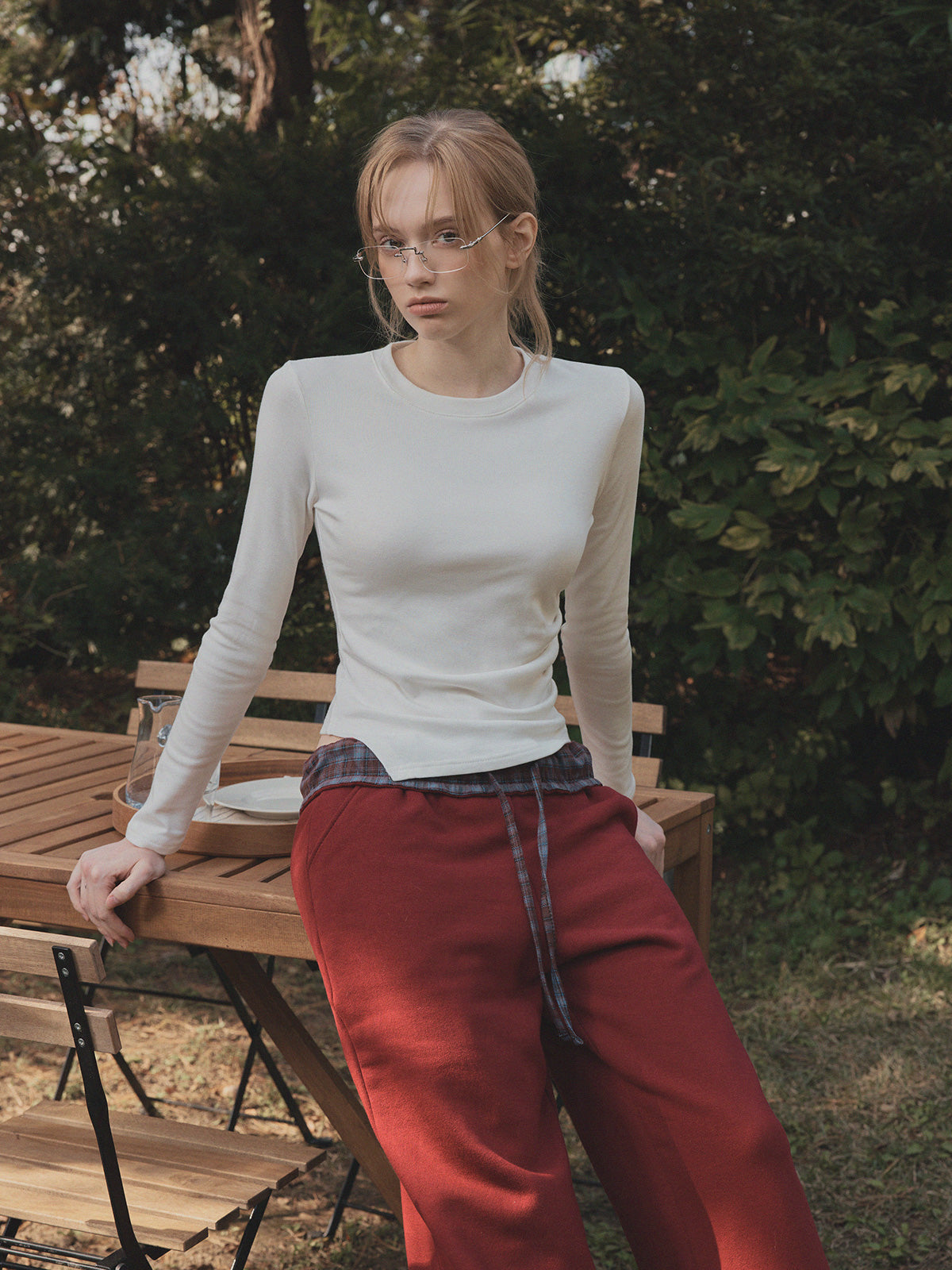 [TWEE] Teld Raffung Rundhals Langarmshirt