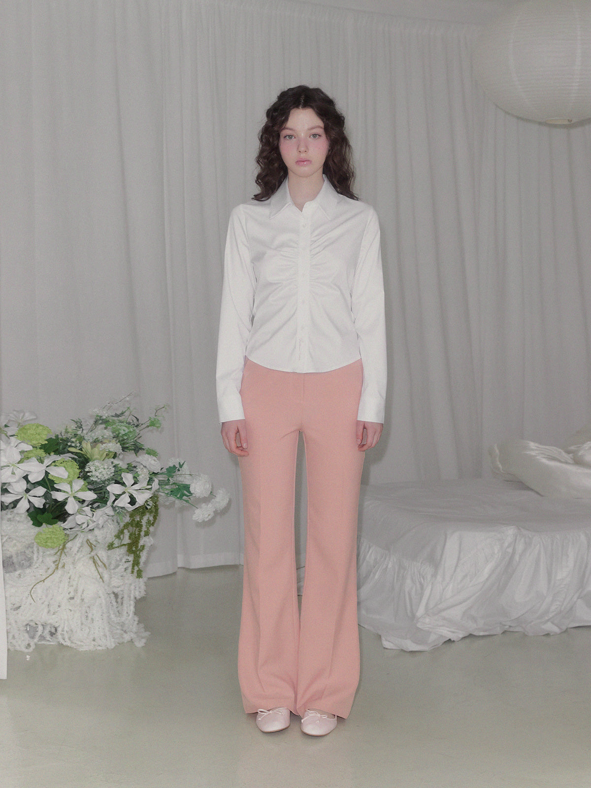 [TWEE] Pillen Shirring Slim-fit Long Sleeve Shirt