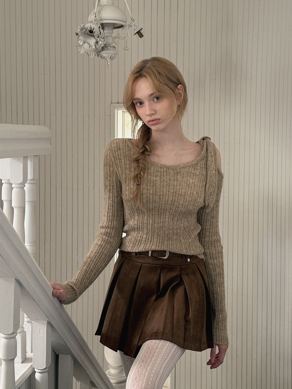 [TWEE] Bohe Shoulder Cut-Out Strap Knit Top