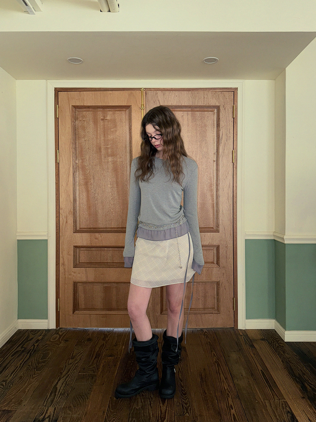 [TWEE] Canvil Sheer Layered Strap Long Sleeve T-Shirt