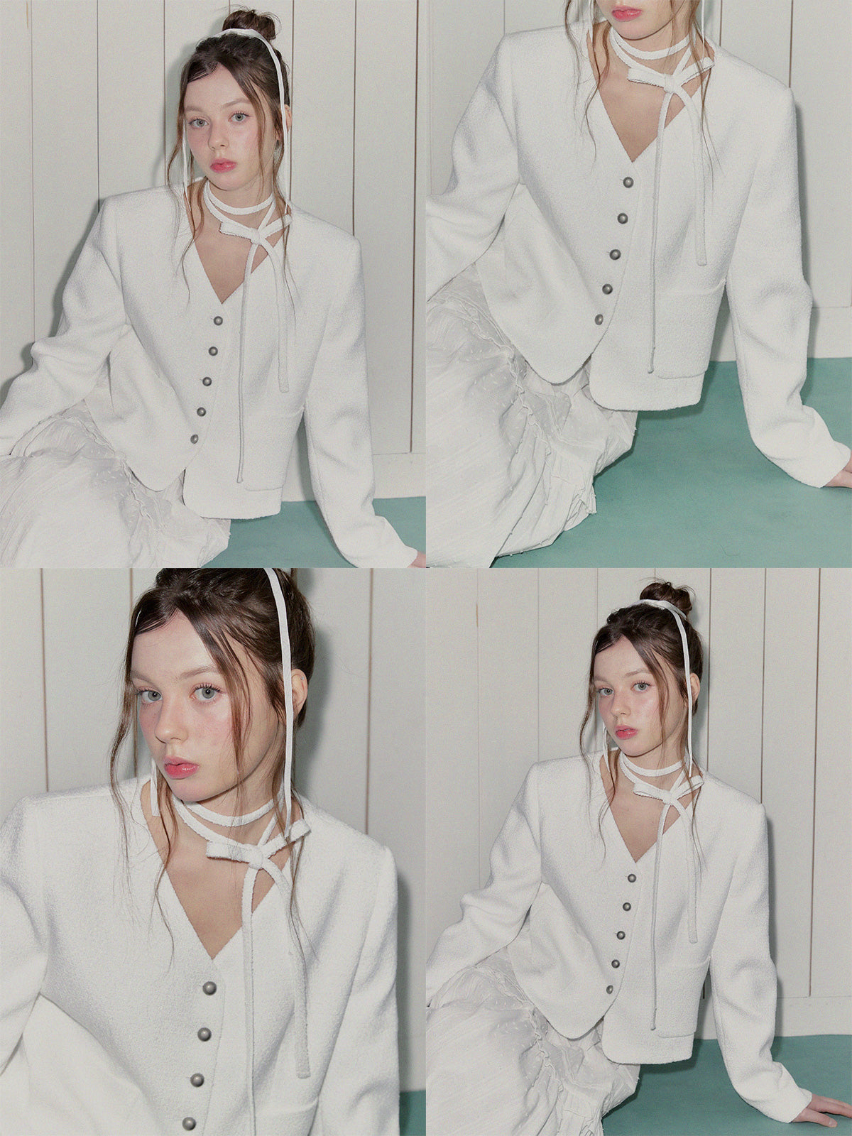 [TWEE] ROAN Tweed V-Neck Single-Button Jacket (Strap Set)