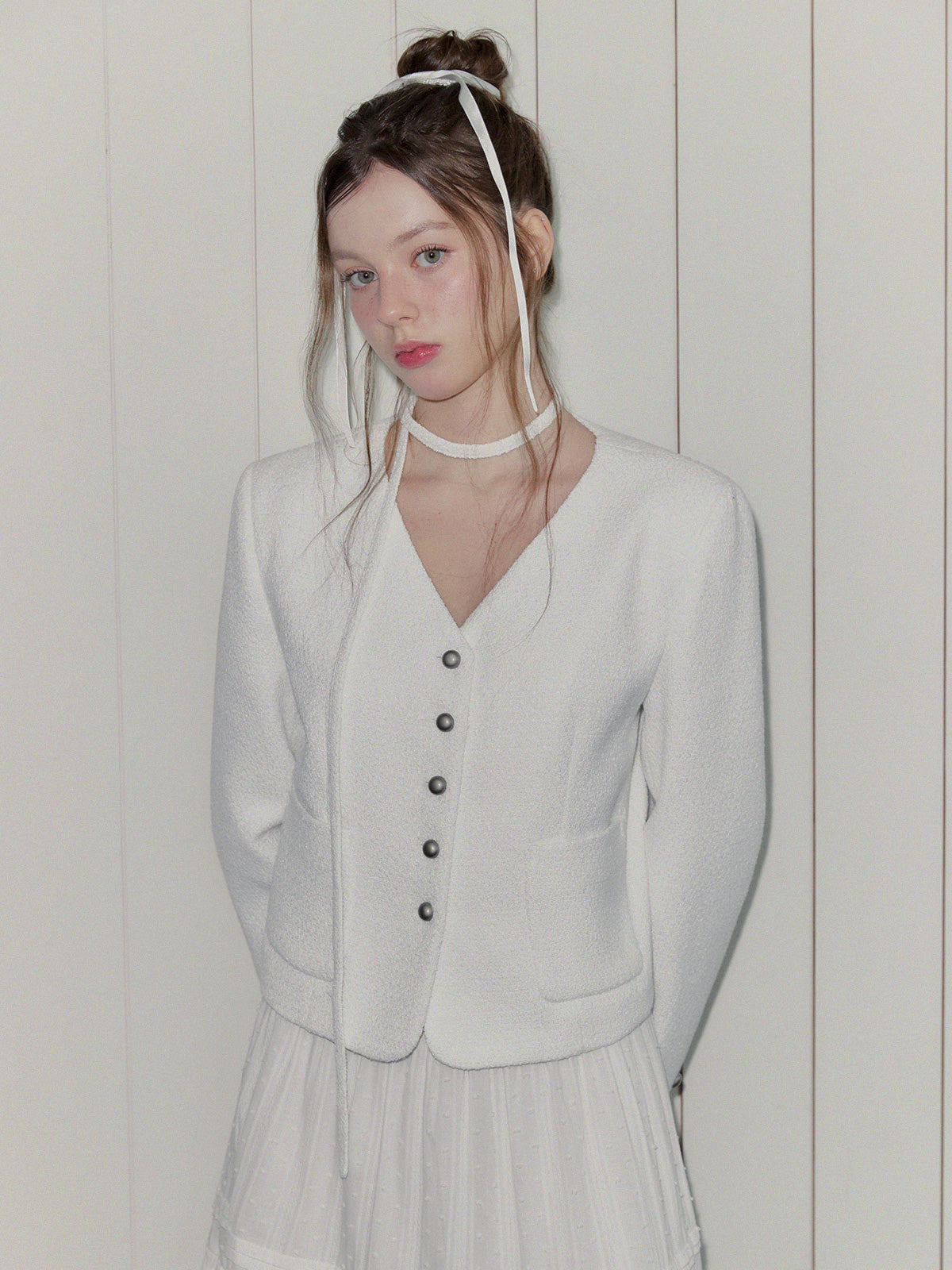 [TWEE] ROAN Tweed V-Neck Single-Button Jacket (Strap Set)