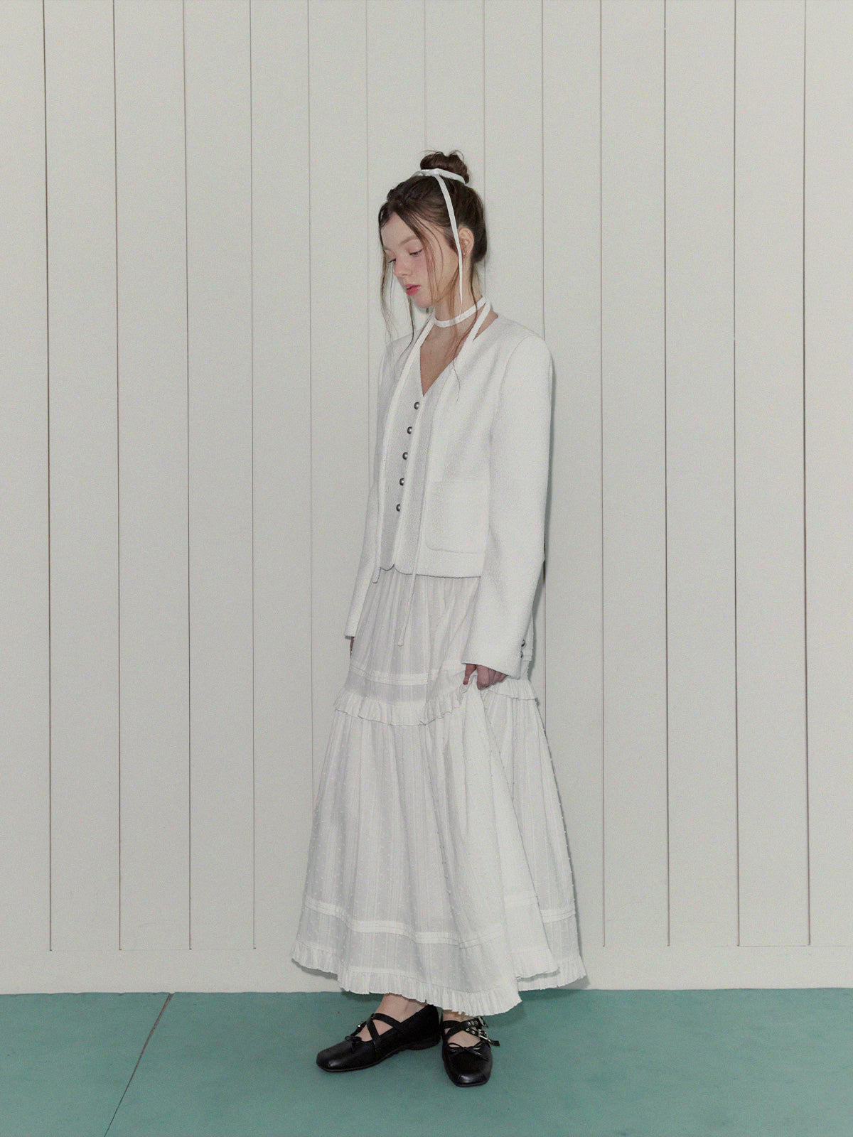 [TWEE] ROAN Tweed V-Neck Single-Button Jacket (Strap Set)