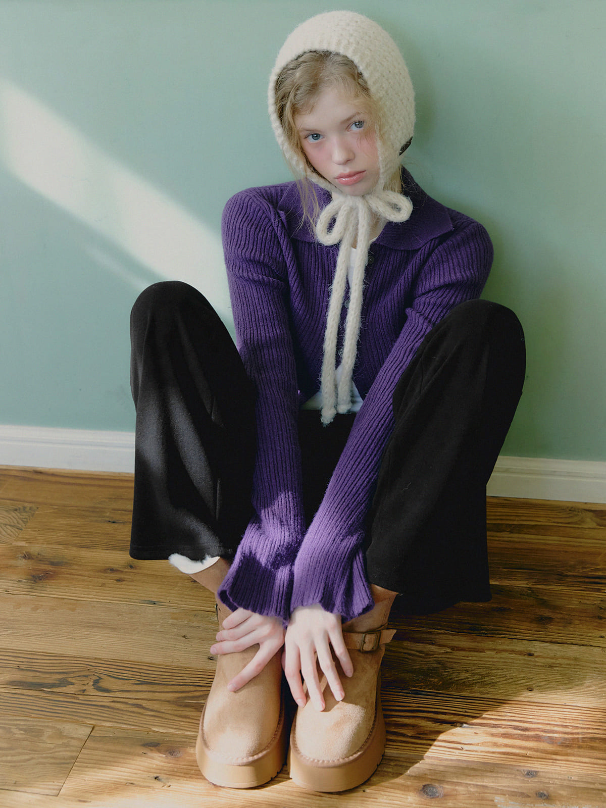 【TWEE】Tails-Kragen gerippte Langarm-Strickjacke