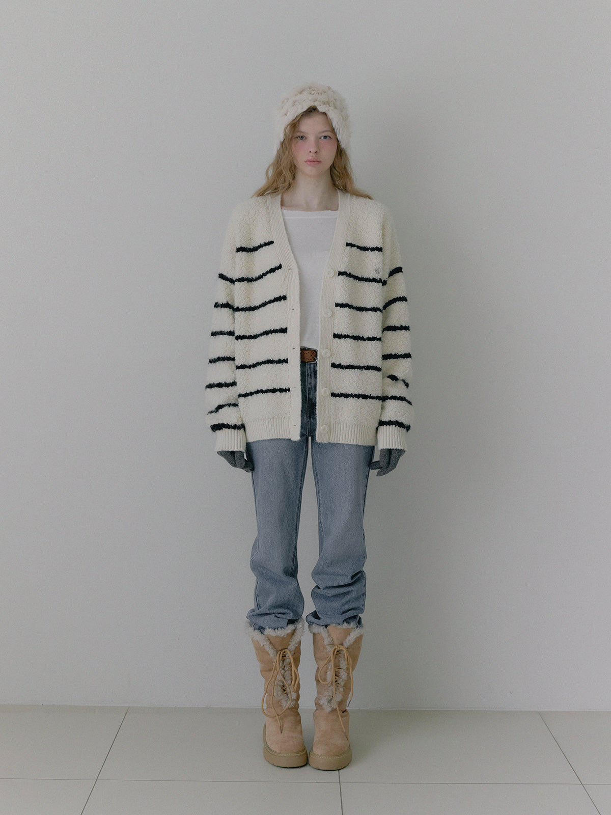 [TWEE] Cardigan Oversize a V con Bouclé a Righe Dent