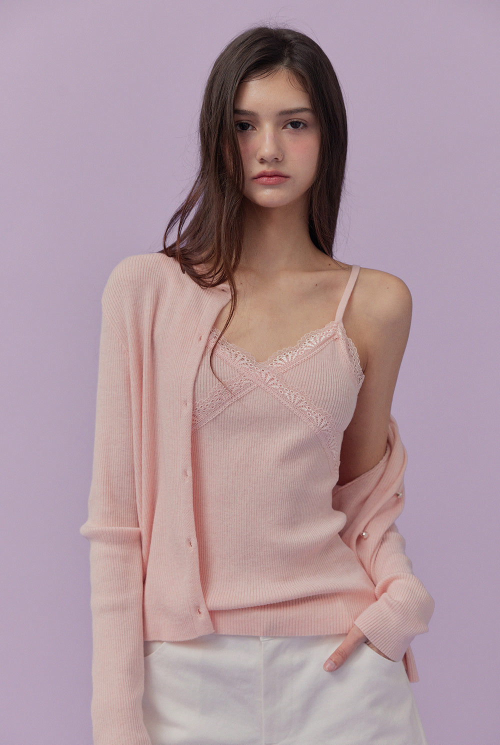 épine lace bare top & cardigan set ピンク épine lace bare top