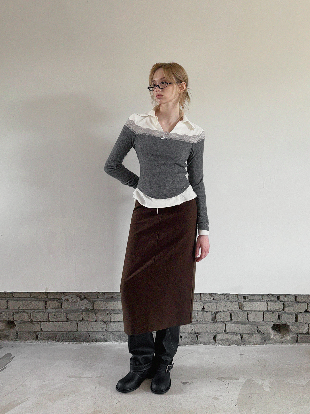 [TWEE] Nize Spitzen-Lochmuster Off-Shoulder Langarmshirt