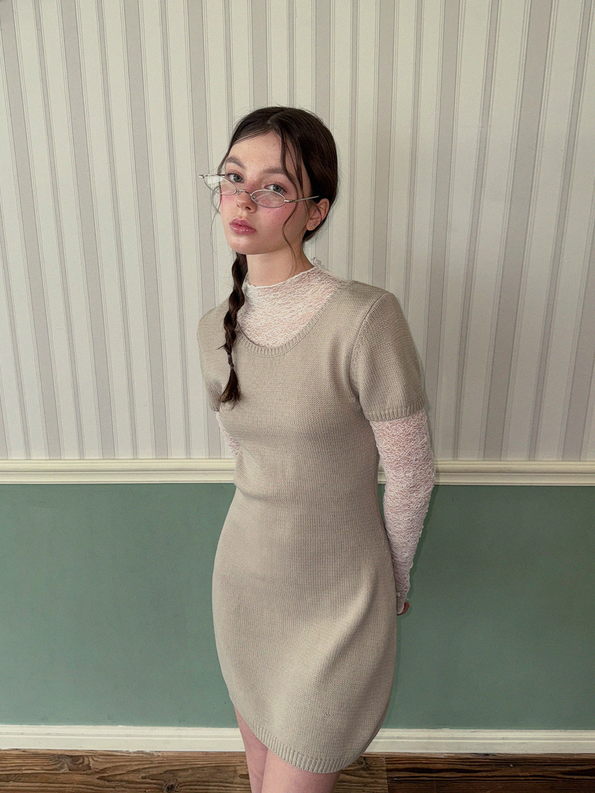 [TWEE] Eton Knit Short-Sleeve Mini Dress (Strap Set)