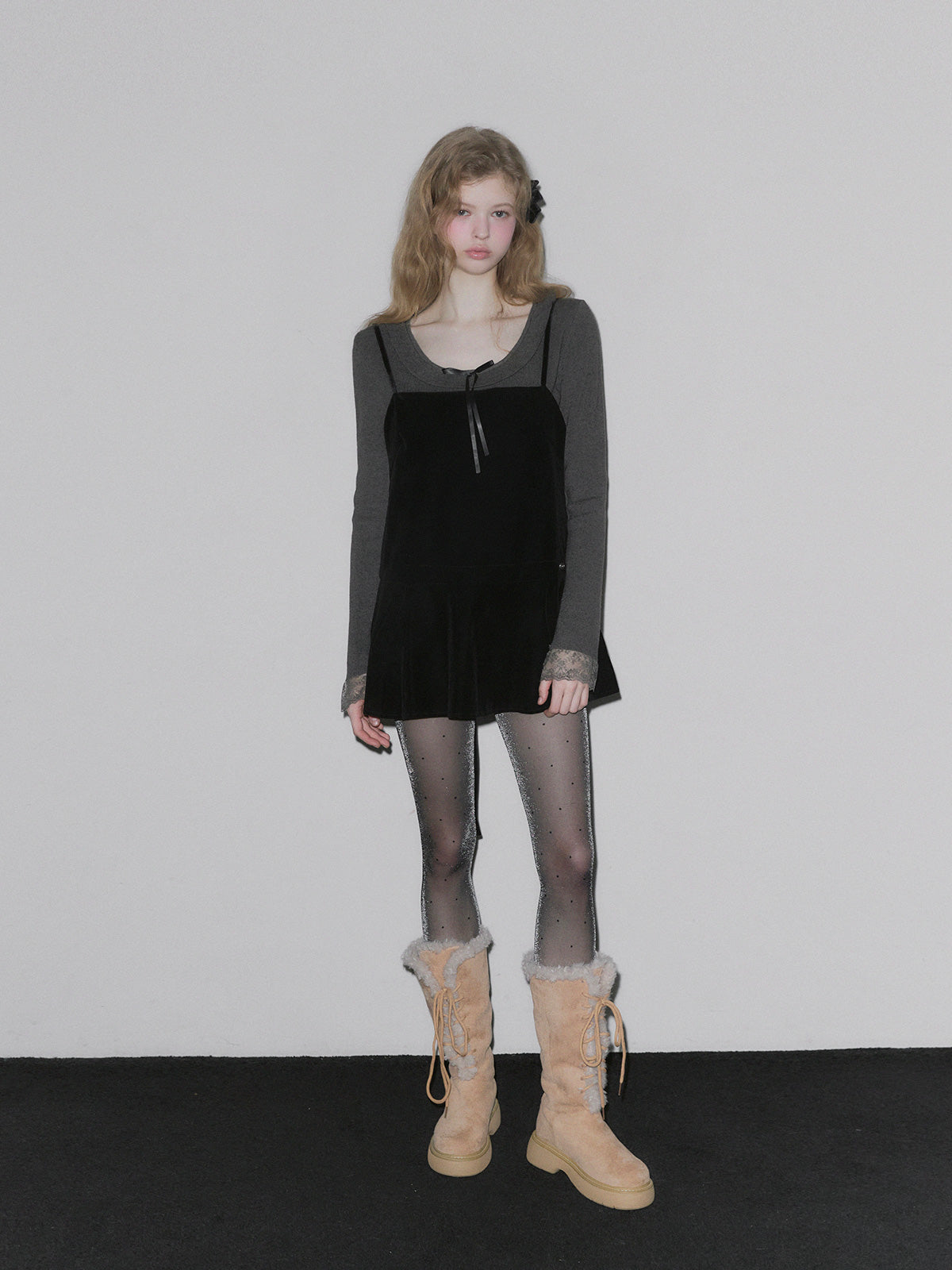 [TWEE] Pudin Velour Layered Mini Dress