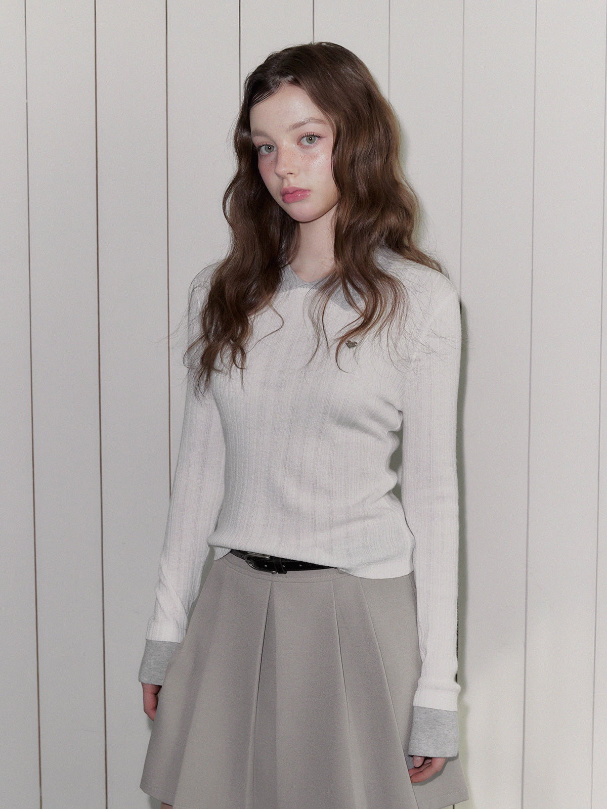 [TWEE] Groom Collar Contrast Long Sleeve Knit