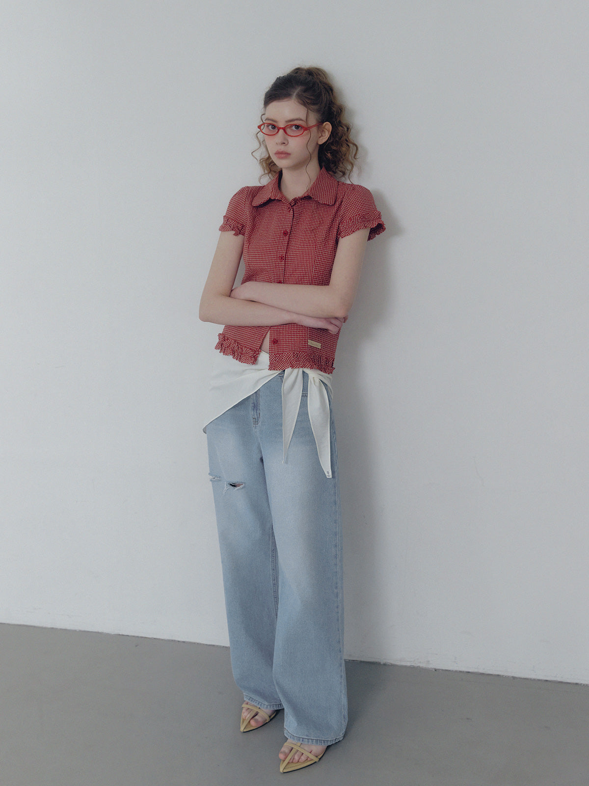 [TWEE] Roel check frill short sleeve blouse