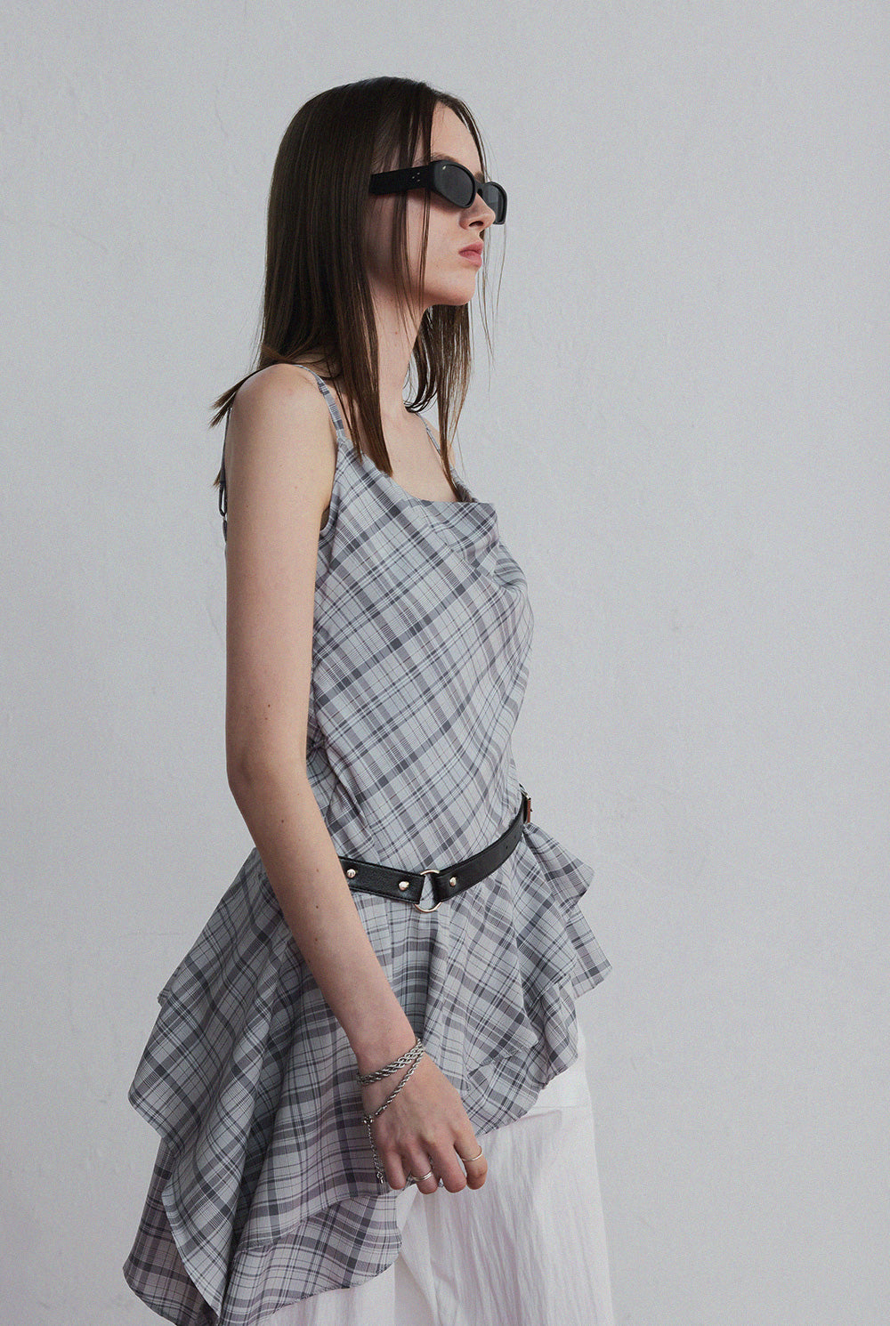 ● TWEE ● GROWHIDE Tuck Shirring Check Asymmetrical Dress Tup shirring check asymmetrical dress