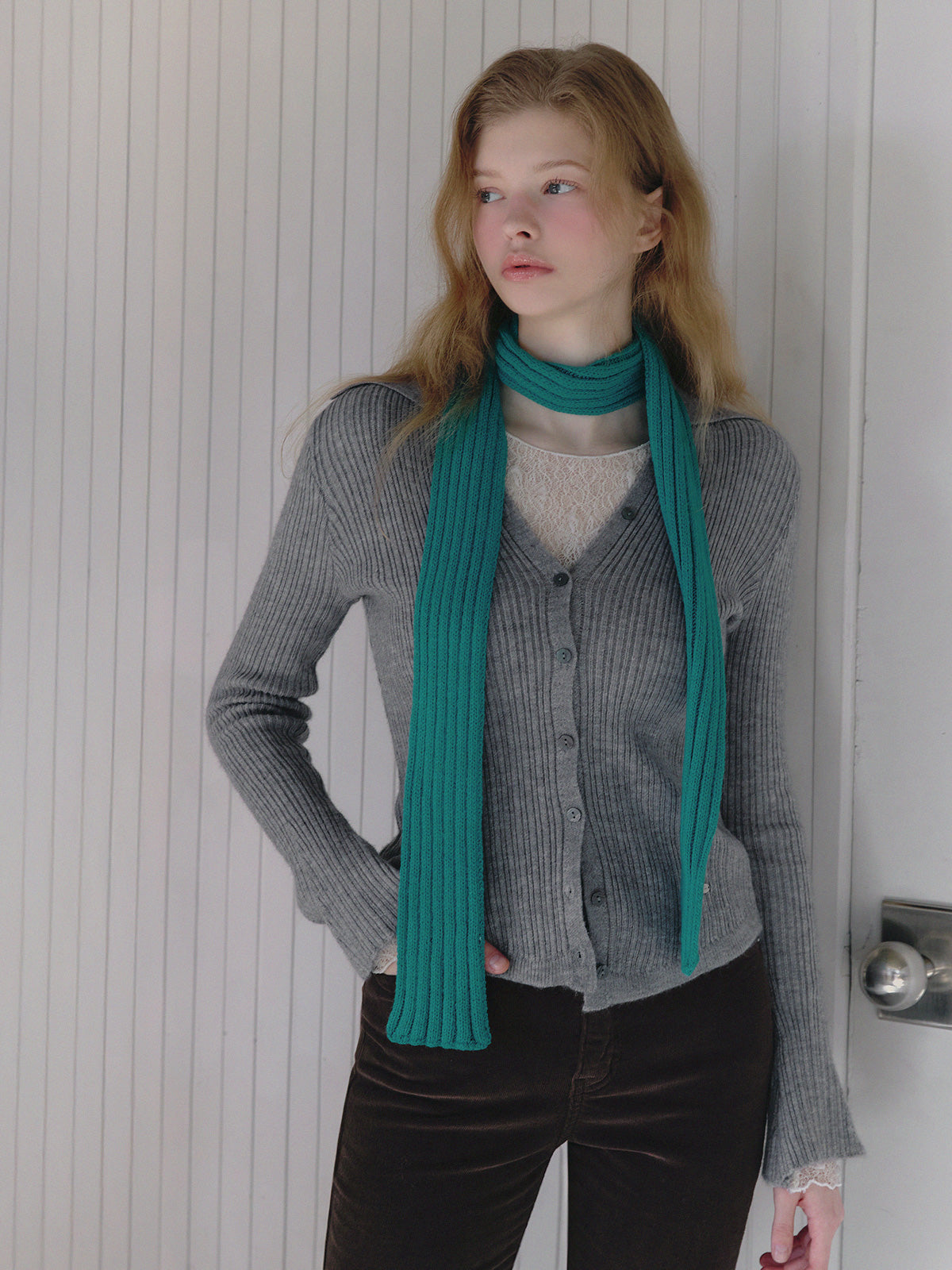 【TWEE】Tails-Kragen gerippte Langarm-Strickjacke
