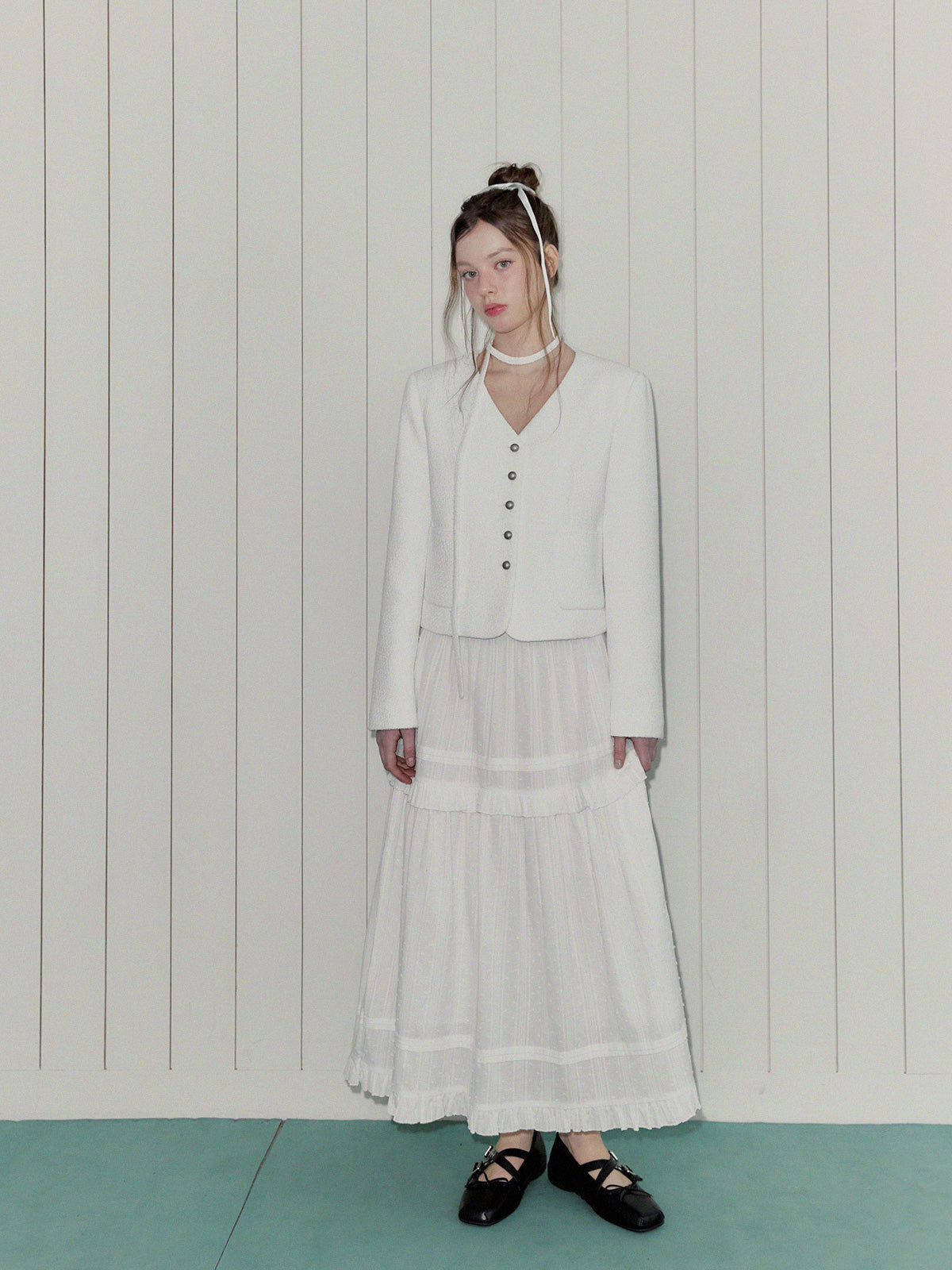 [TWEE] ROAN Tweed V-Neck Single-Button Jacket (Strap Set)