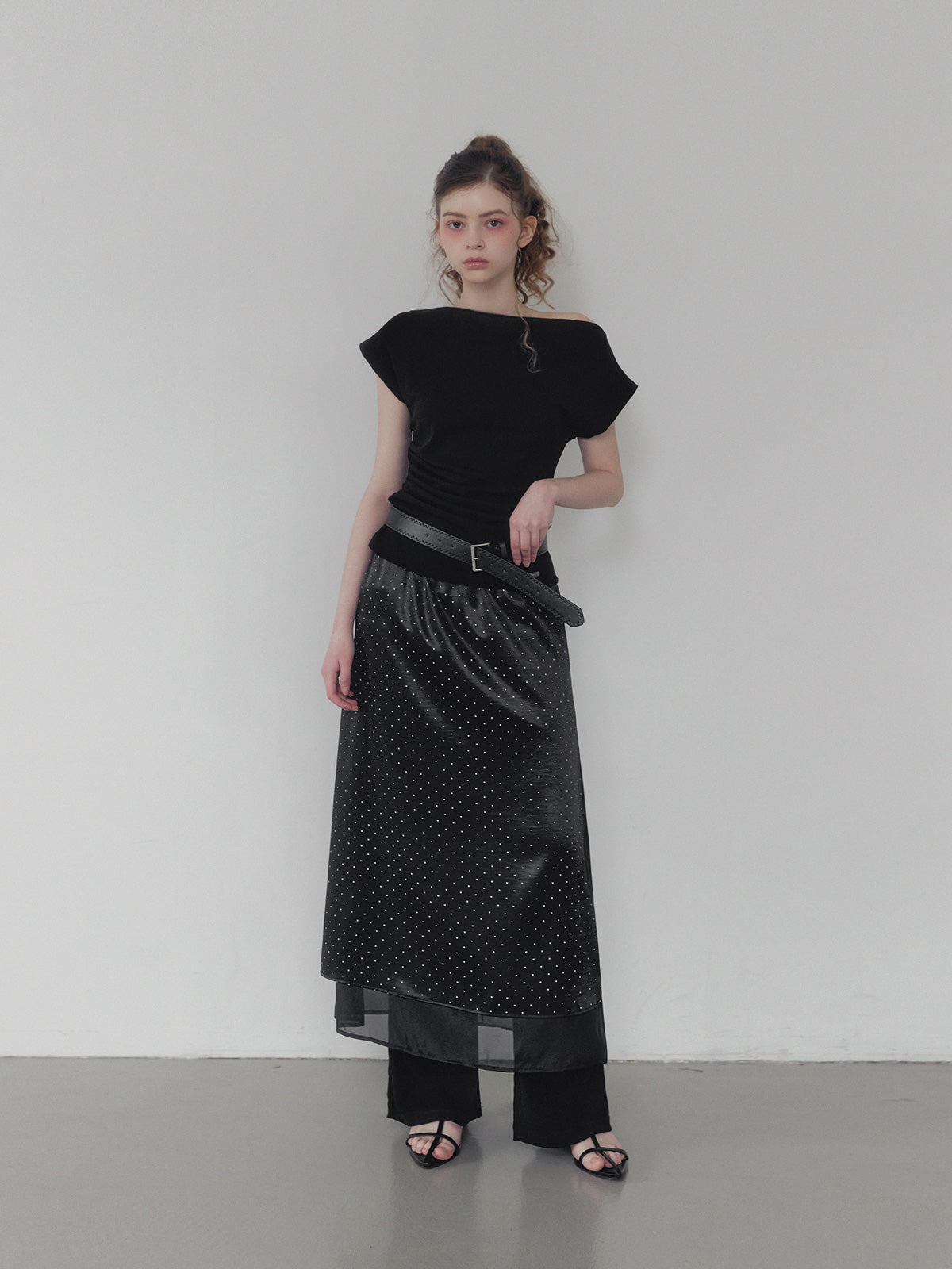 [TWEE] Purd dot layered banding long skirt