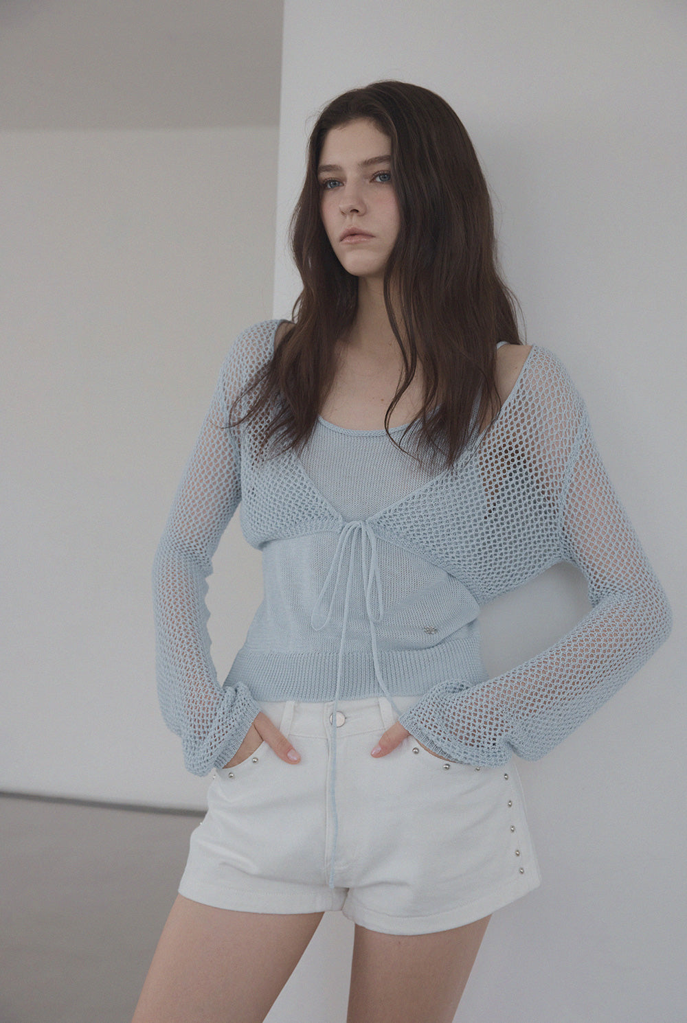 [TWEE] Louver Punching Strick Tank Cardigan Set