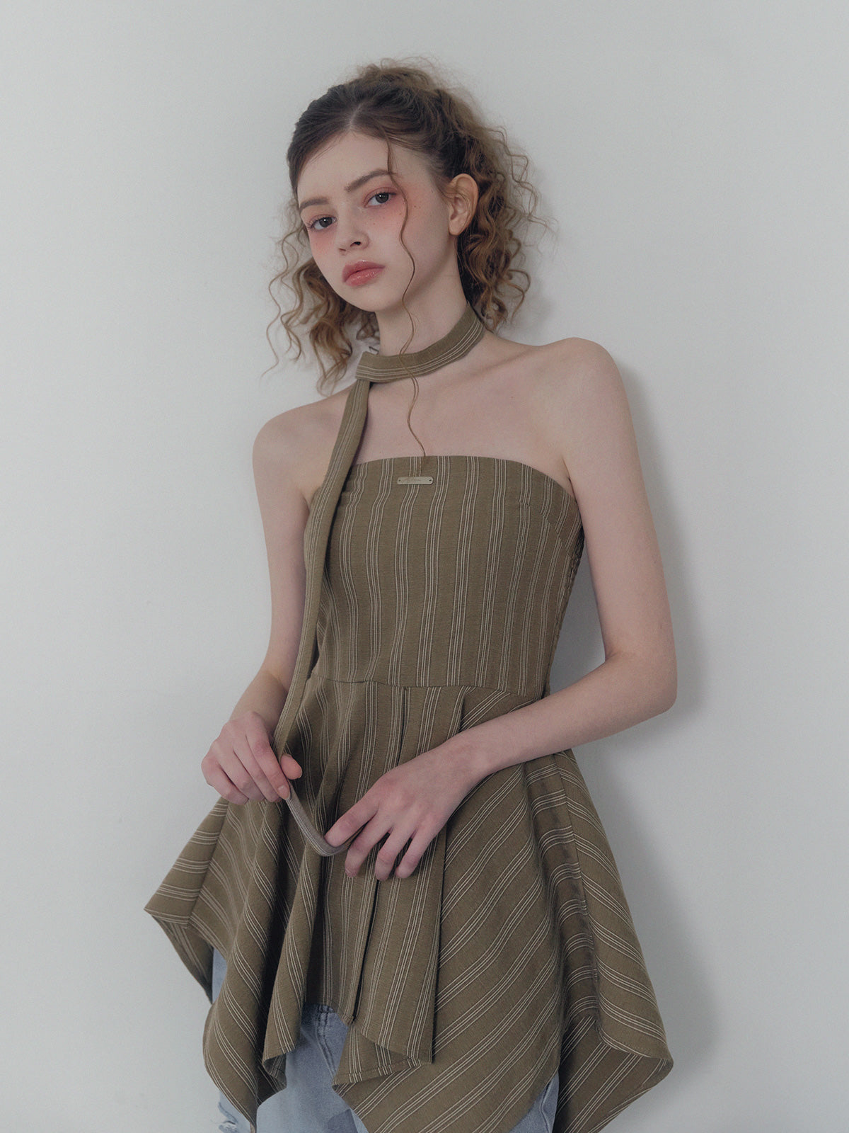 [TWEE] Heichi Stripe Asymmetric Tube Top(Strap Set)