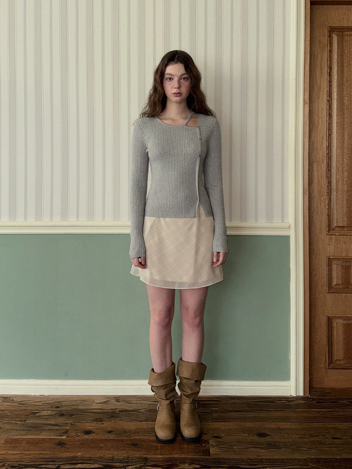 [TWEE] Marlon Asymmetrical Slit Button Long Sleeve Knit