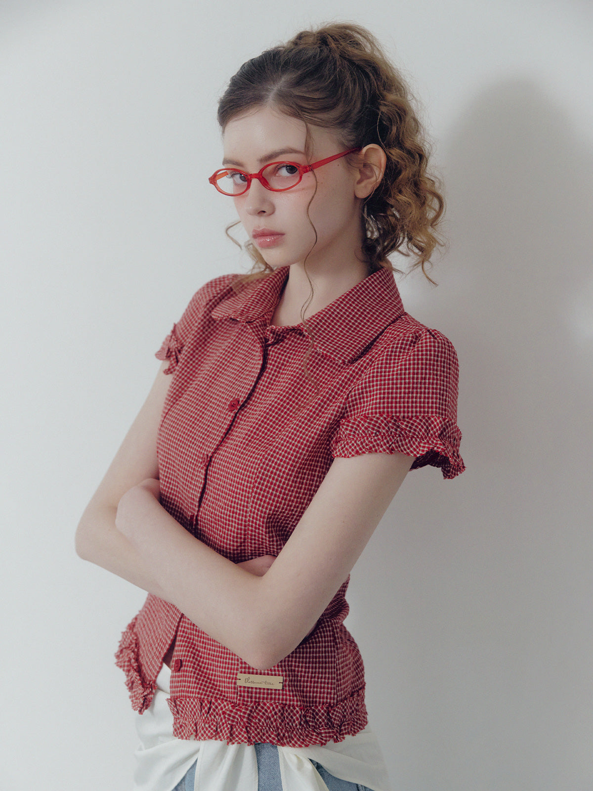 [TWEE] Roel check frill short sleeve blouse