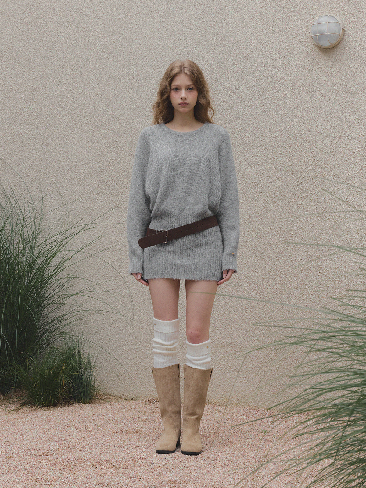 Rein Loose-Fit Knit Dress (Belt Set) Grey / F Rein Loose-Fit Knit Dress (Belt Set) Grey / F