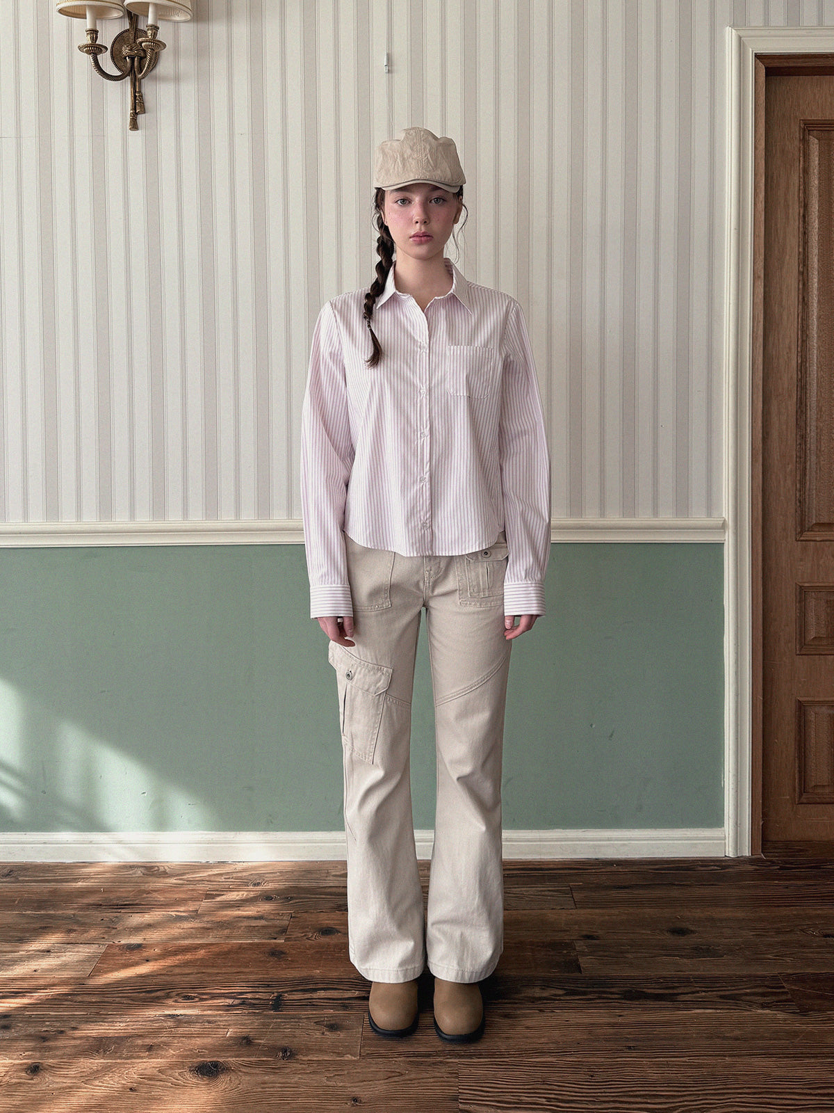 [TWEE] Ronty Stripe Embroidered Pocket Long Sleeve Shirt