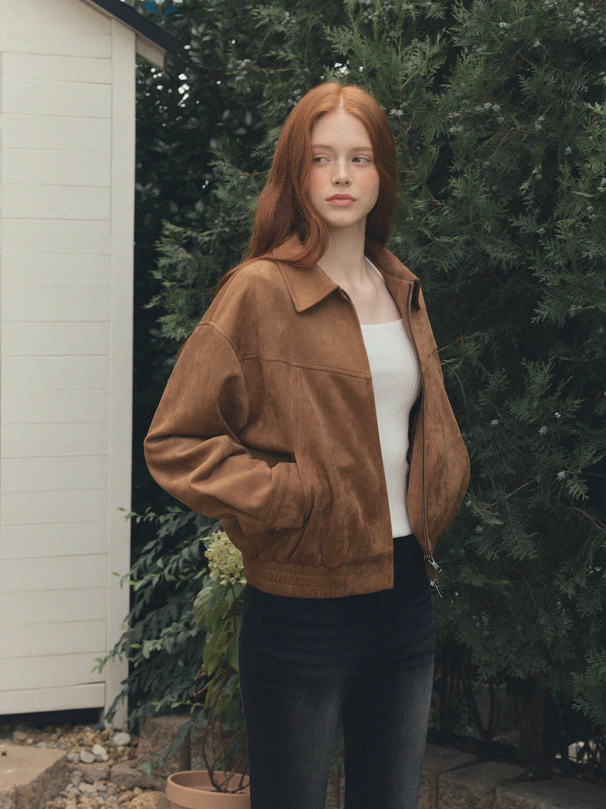 [TWEE] Loved Collar Blouson Jumper [Suede/ Leather]